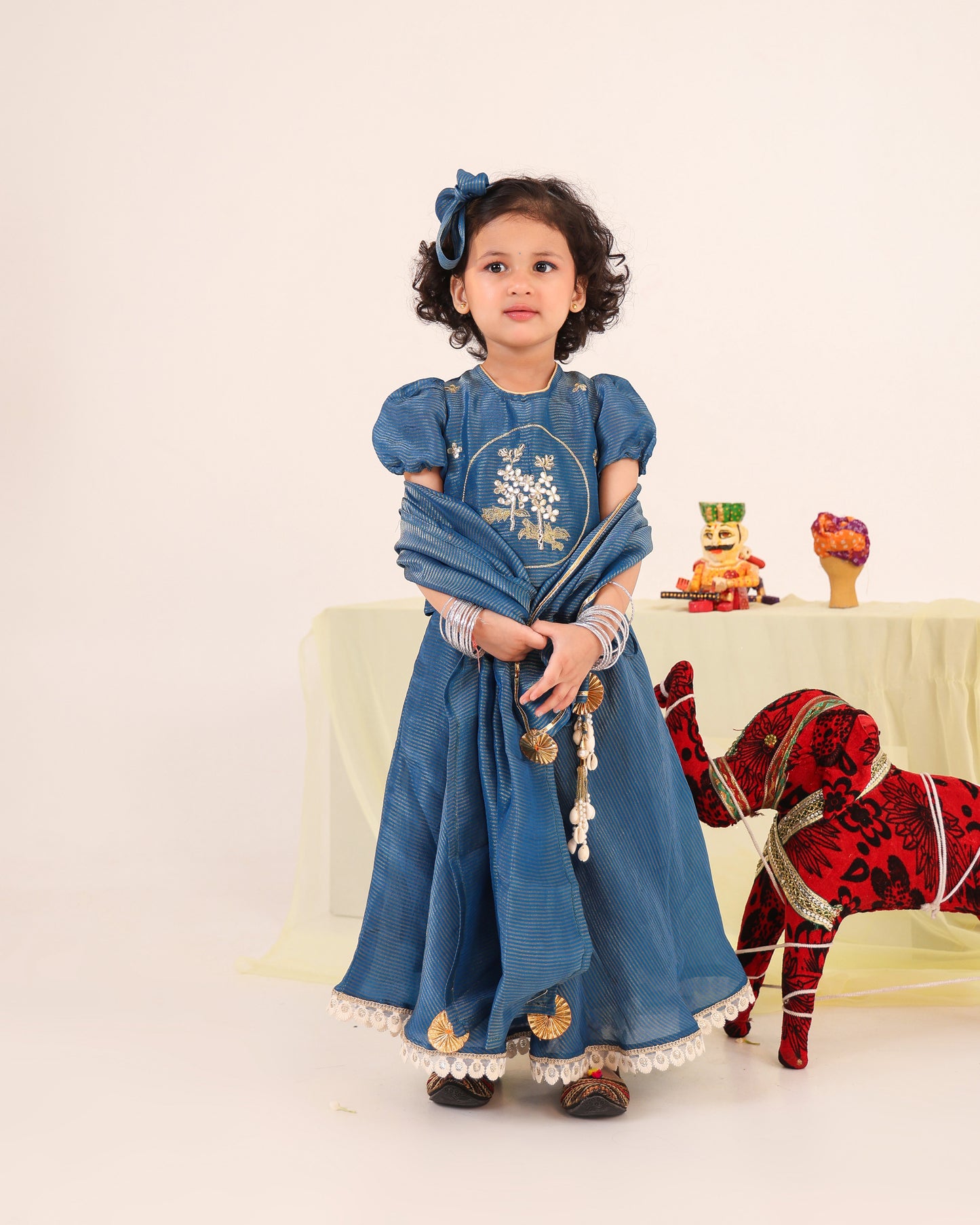 Girl Stripe Zari Embroidered Skirt Top Set - Teal Blue