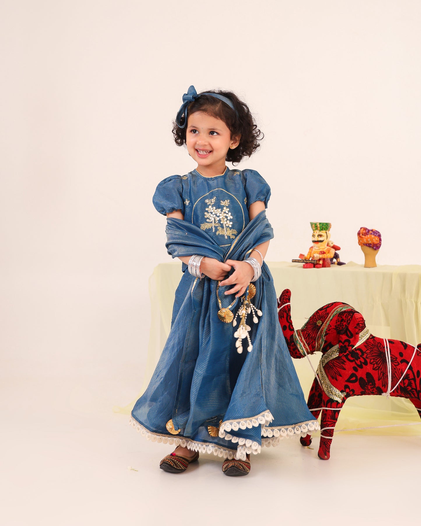 Girl Stripe Zari Embroidered Skirt Top Set - Teal Blue