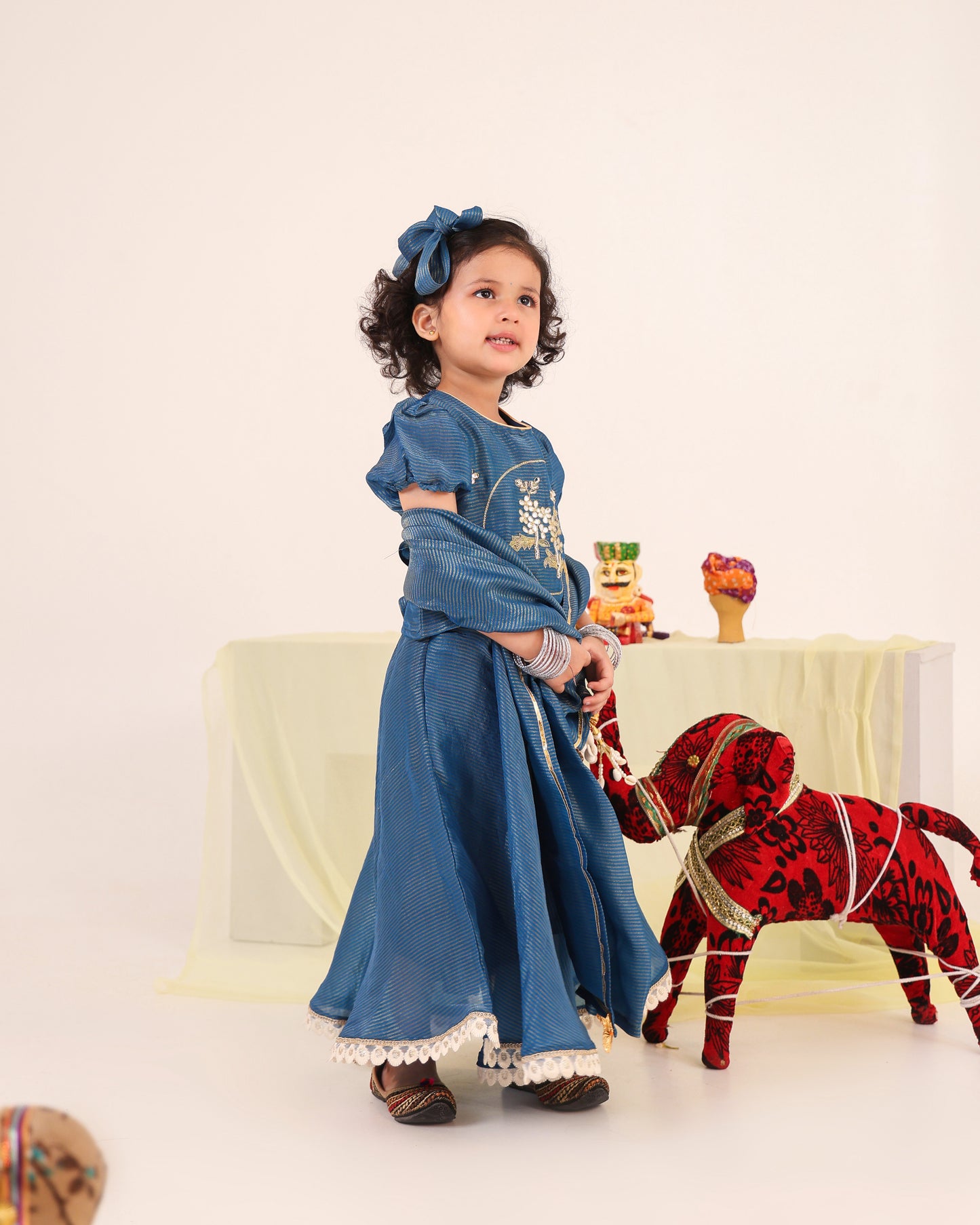 Girl Stripe Zari Embroidered Skirt Top Set - Teal Blue