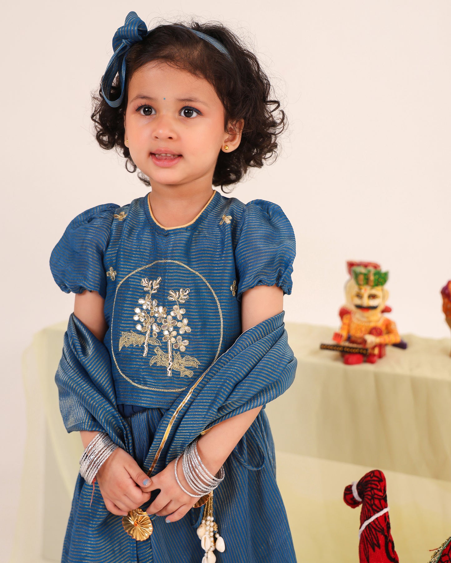 Girl Stripe Zari Embroidered Skirt Top Set - Teal Blue