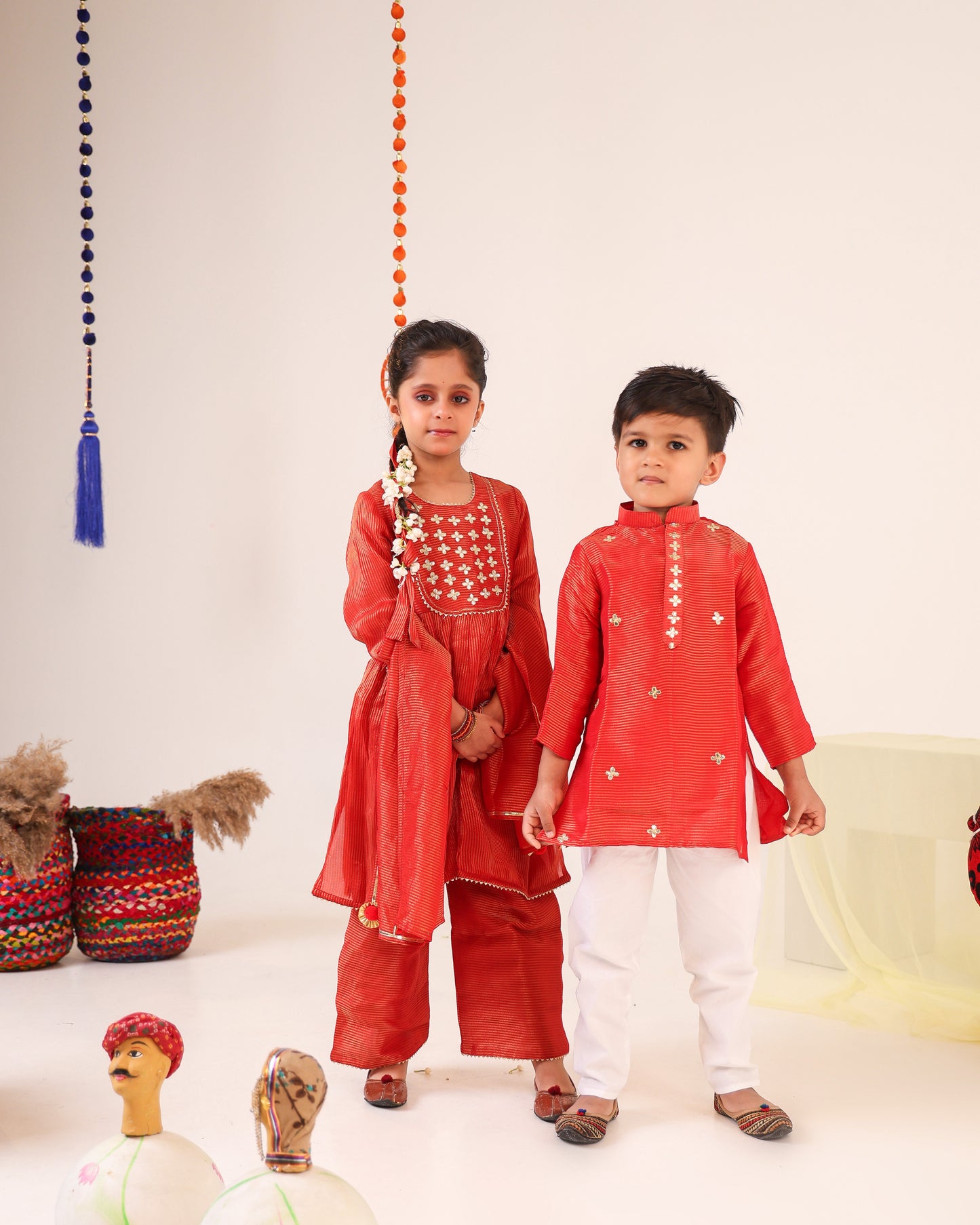 Girl Stripe Gota Embroidered Kurta and Pallazo Pants Set -Rusty Red