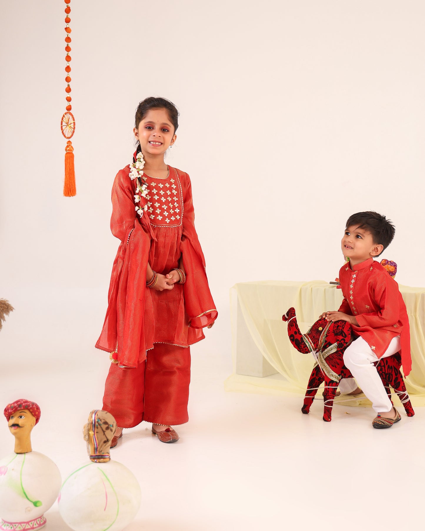 Girl Stripe Gota Embroidered Kurta and Pallazo Pants Set -Rusty Red