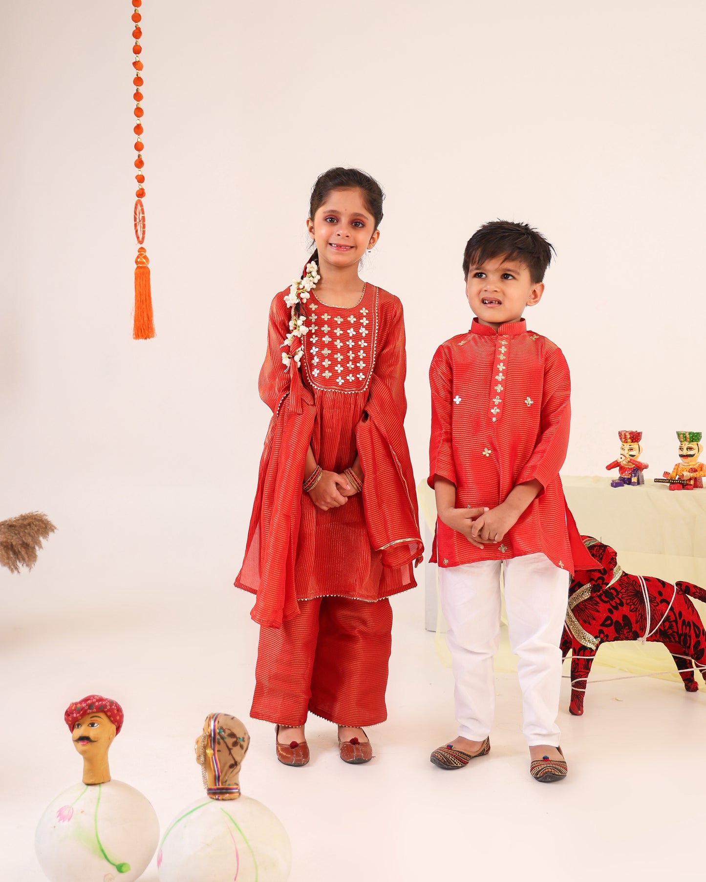 Girl Stripe Gota Embroidered Kurta and Pallazo Pants Set -Rusty Red