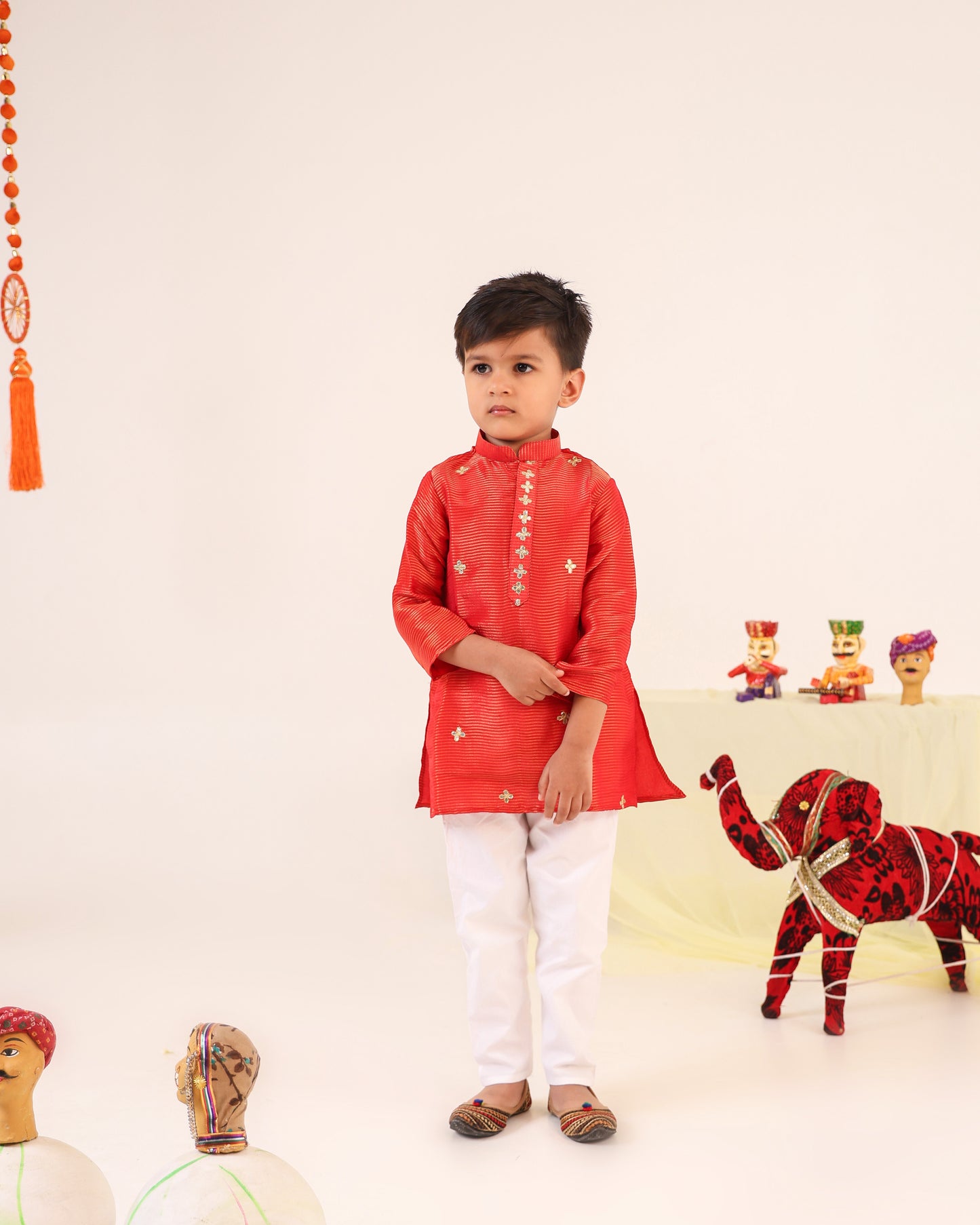 Boy Striped Kurta Set - Rusty Red