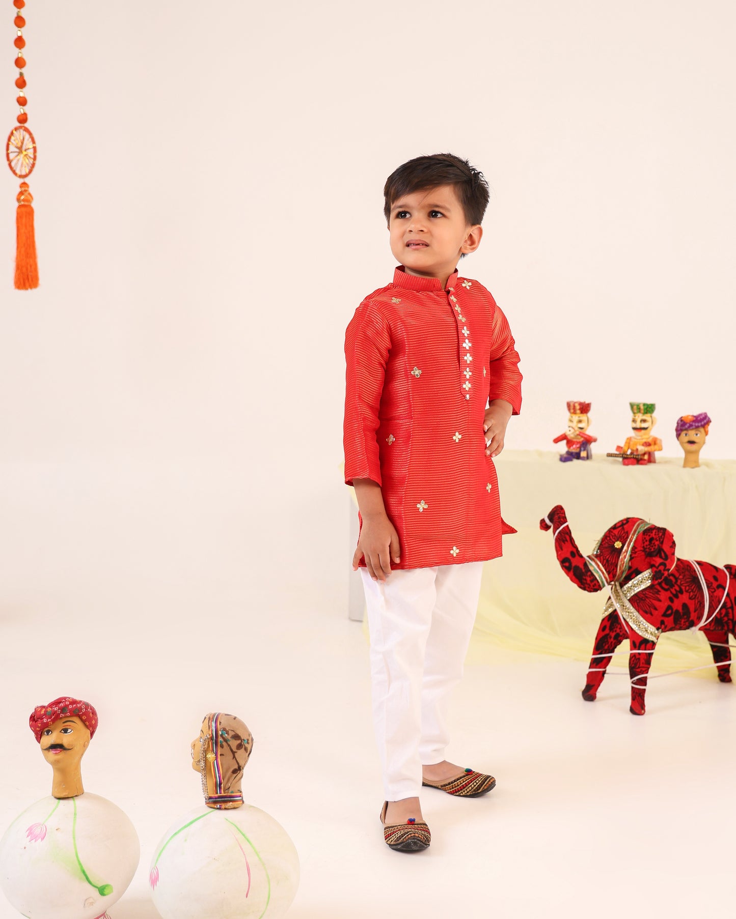 Boy Striped Kurta Set - Rusty Red