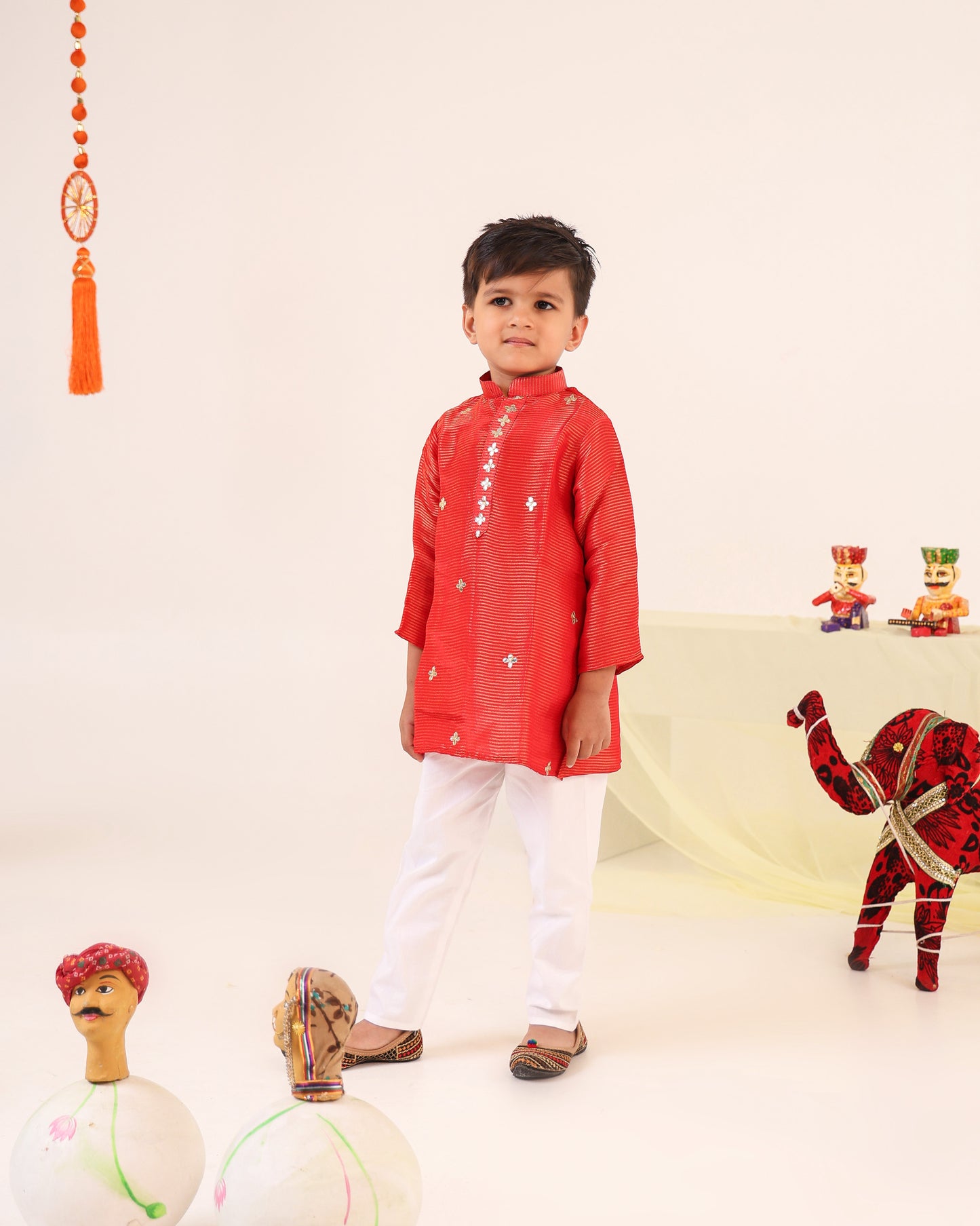 Boy Striped Kurta Set - Rusty Red