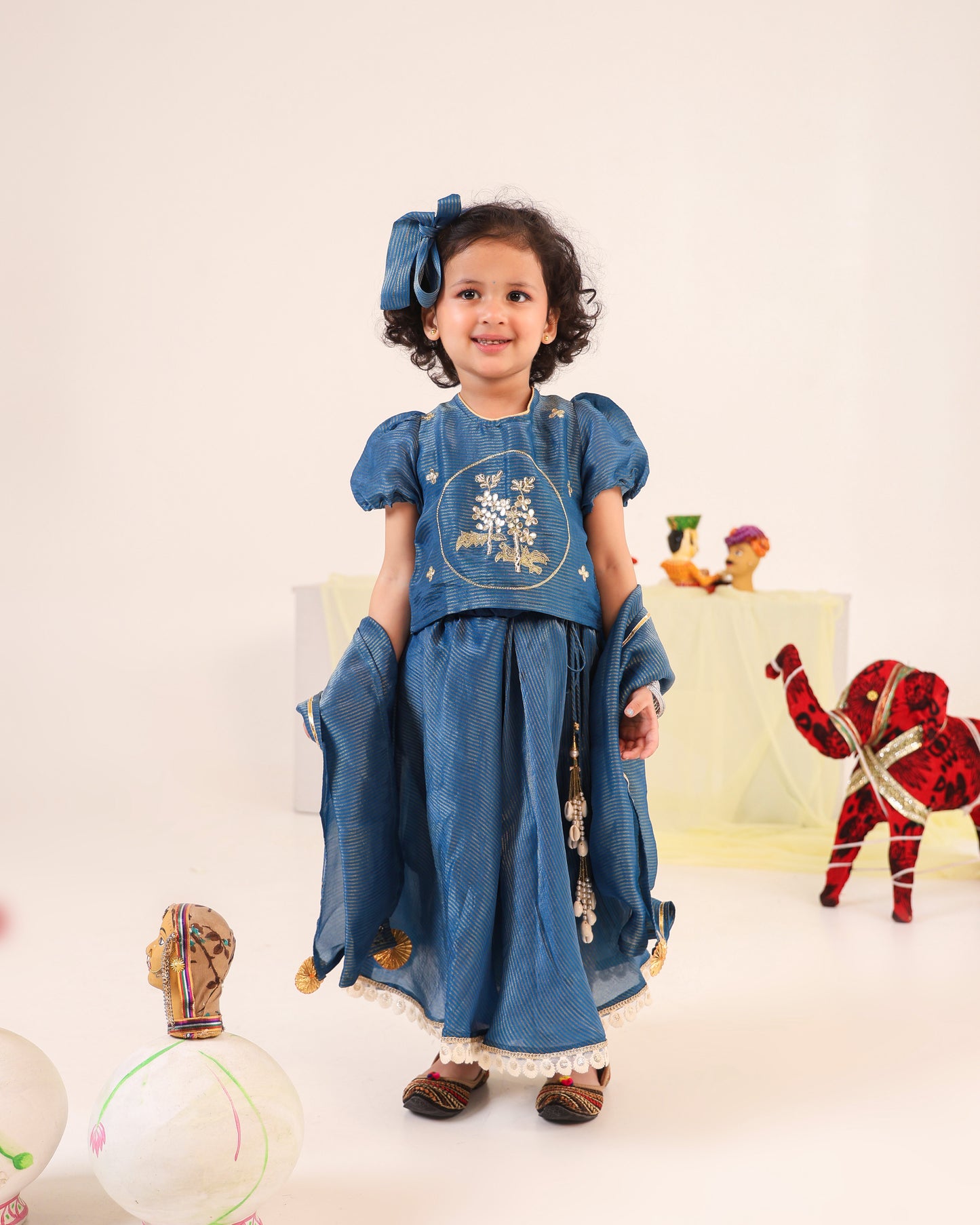 Girl Stripe Zari Embroidered Skirt Top Set - Teal Blue