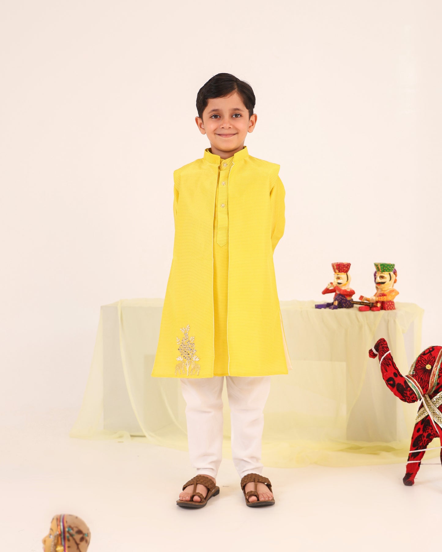 Boy Fancy Zari Embroidered Bundi Set-Lemon Yellow