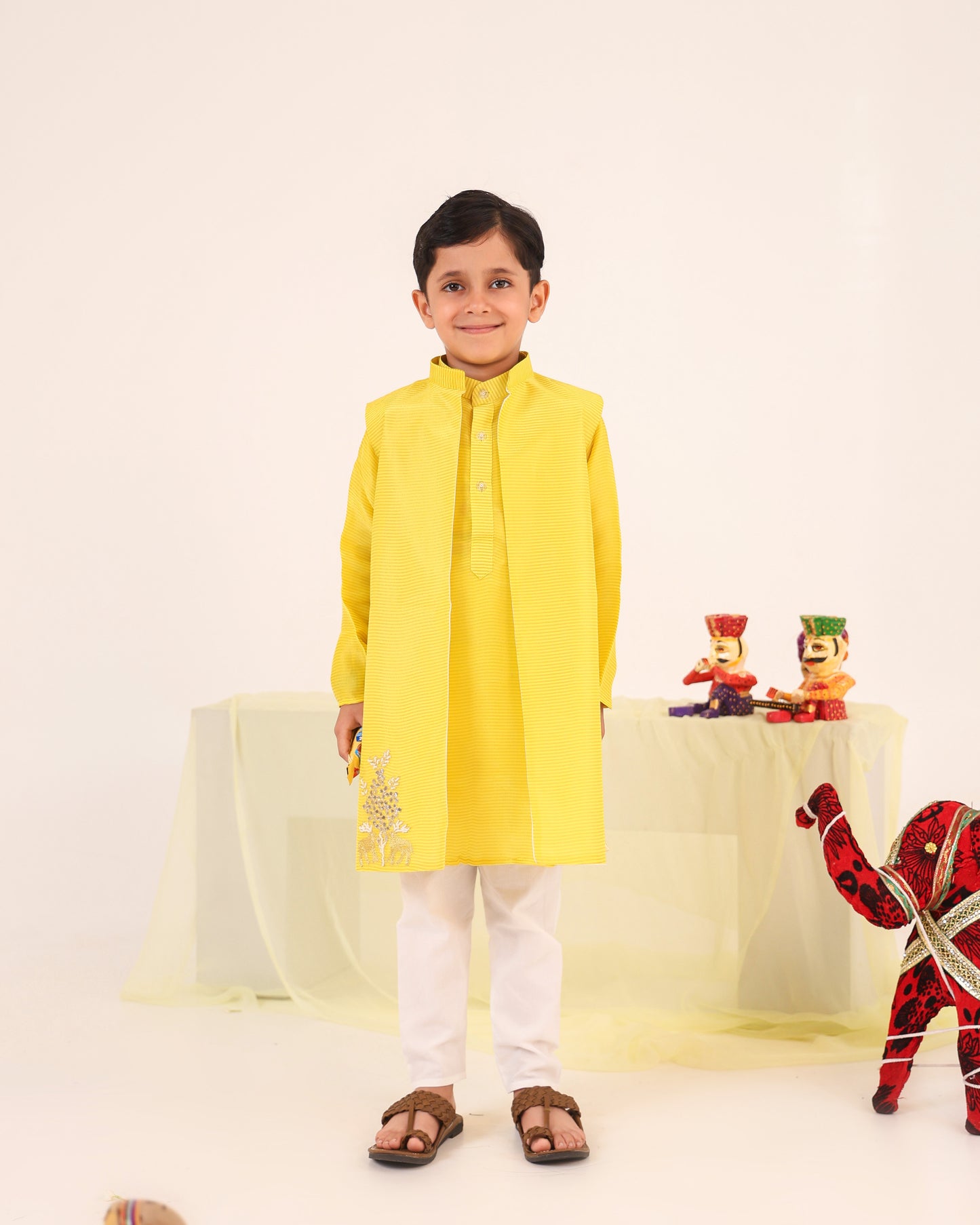 Boy Fancy Zari Embroidered Bundi Set-Lemon Yellow