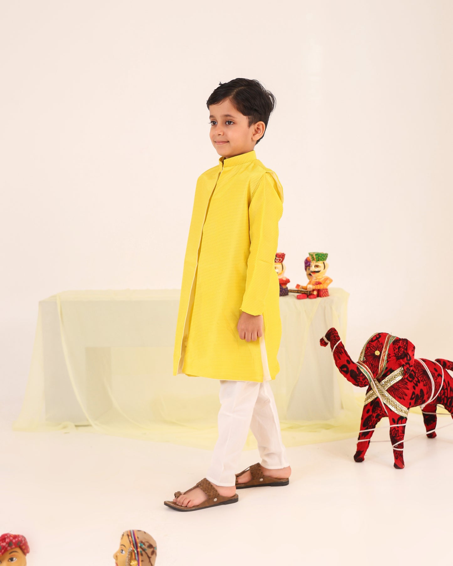 Boy Fancy Zari Embroidered Bundi Set-Lemon Yellow