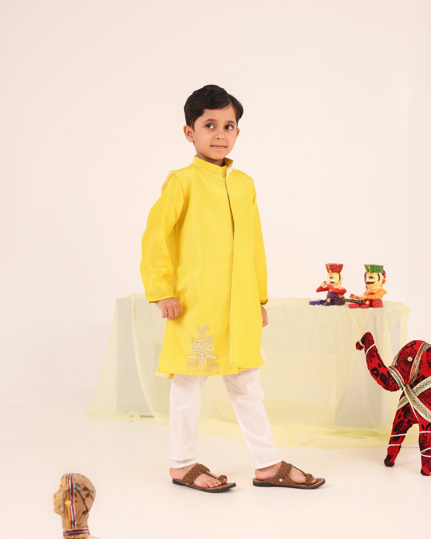 Boy Fancy Zari Embroidered Bundi Set-Lemon Yellow