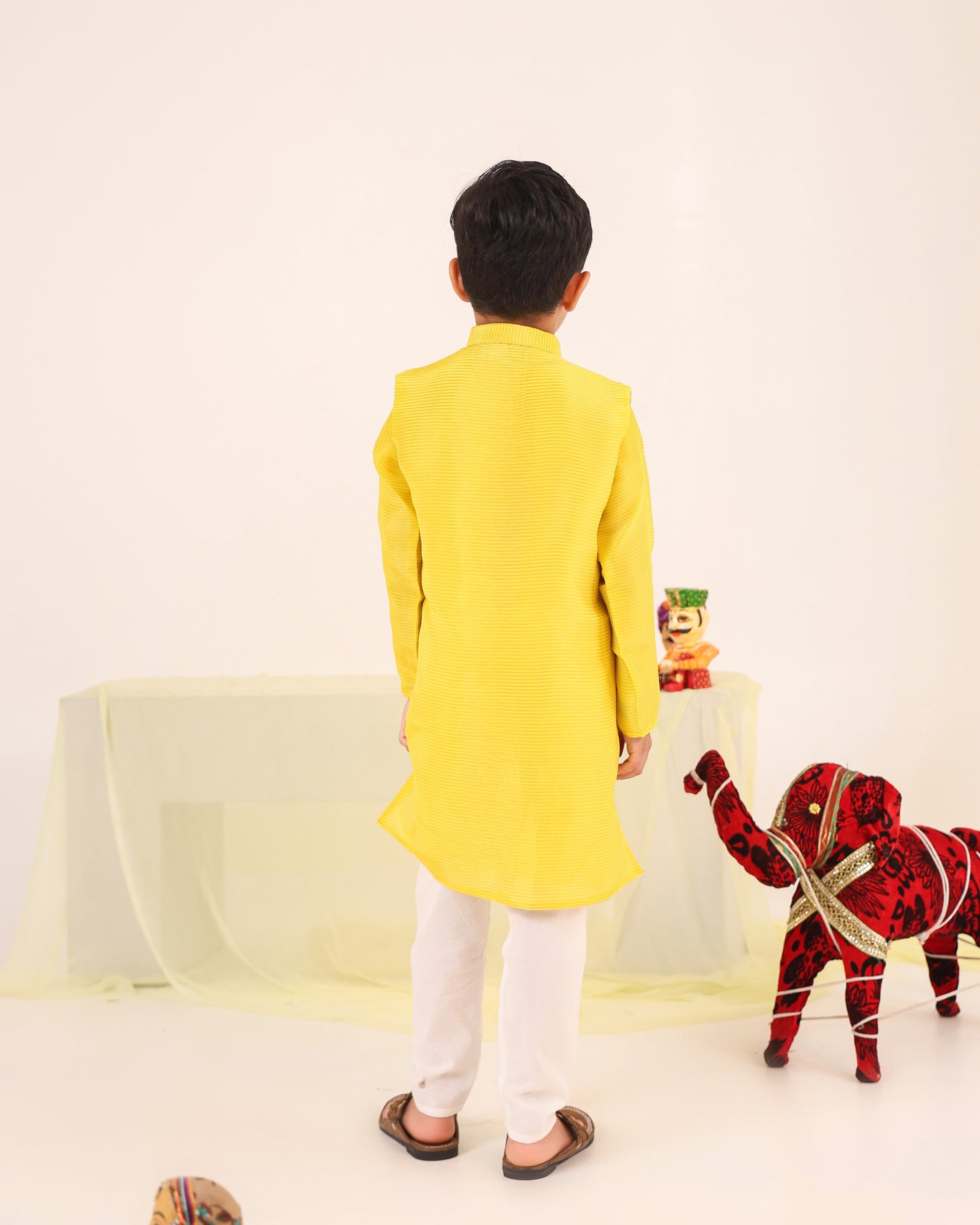 Boy Fancy Zari Embroidered Bundi Set-Lemon Yellow