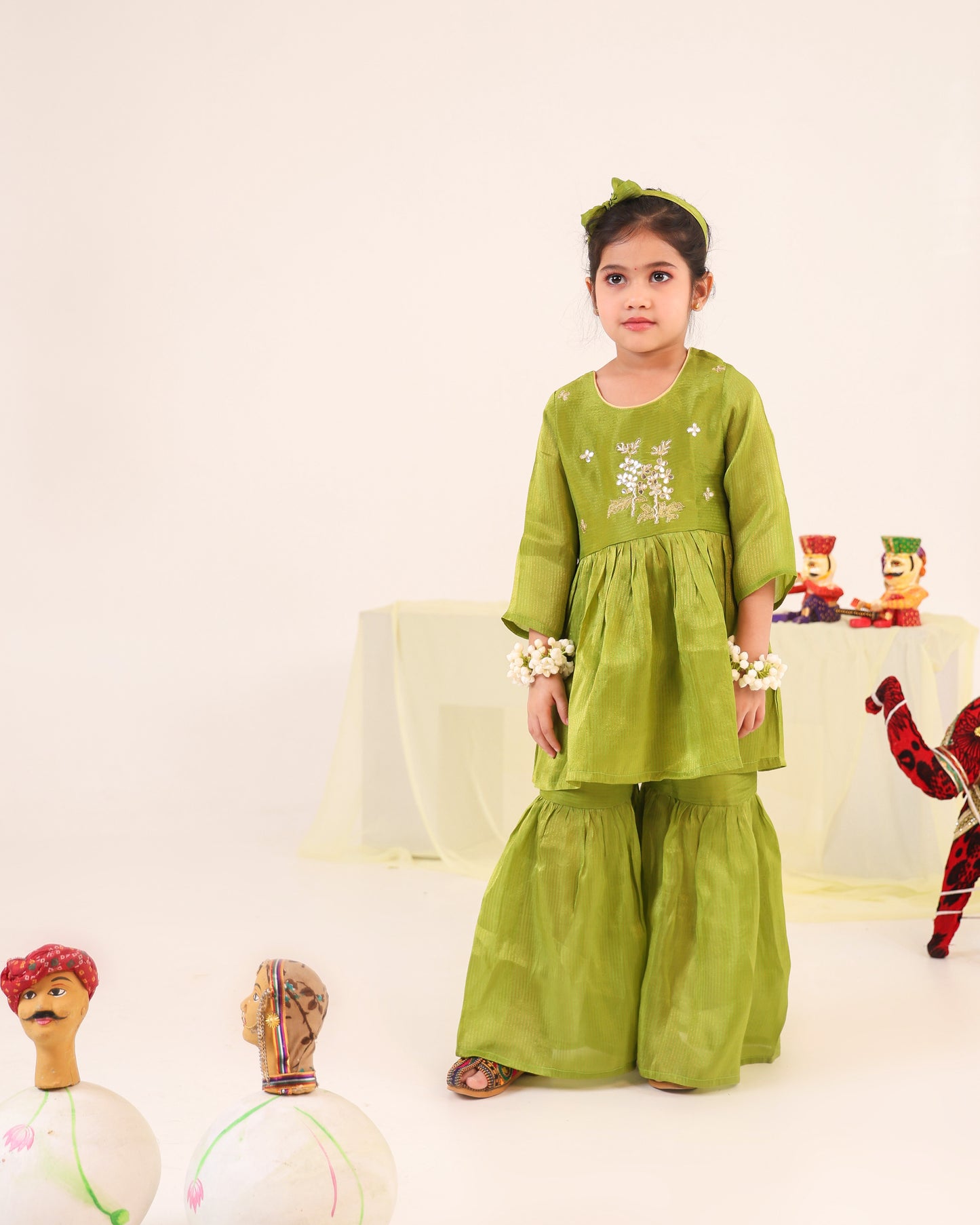 Girl Striped Zari Embroidered Sharara Set - Minty Green