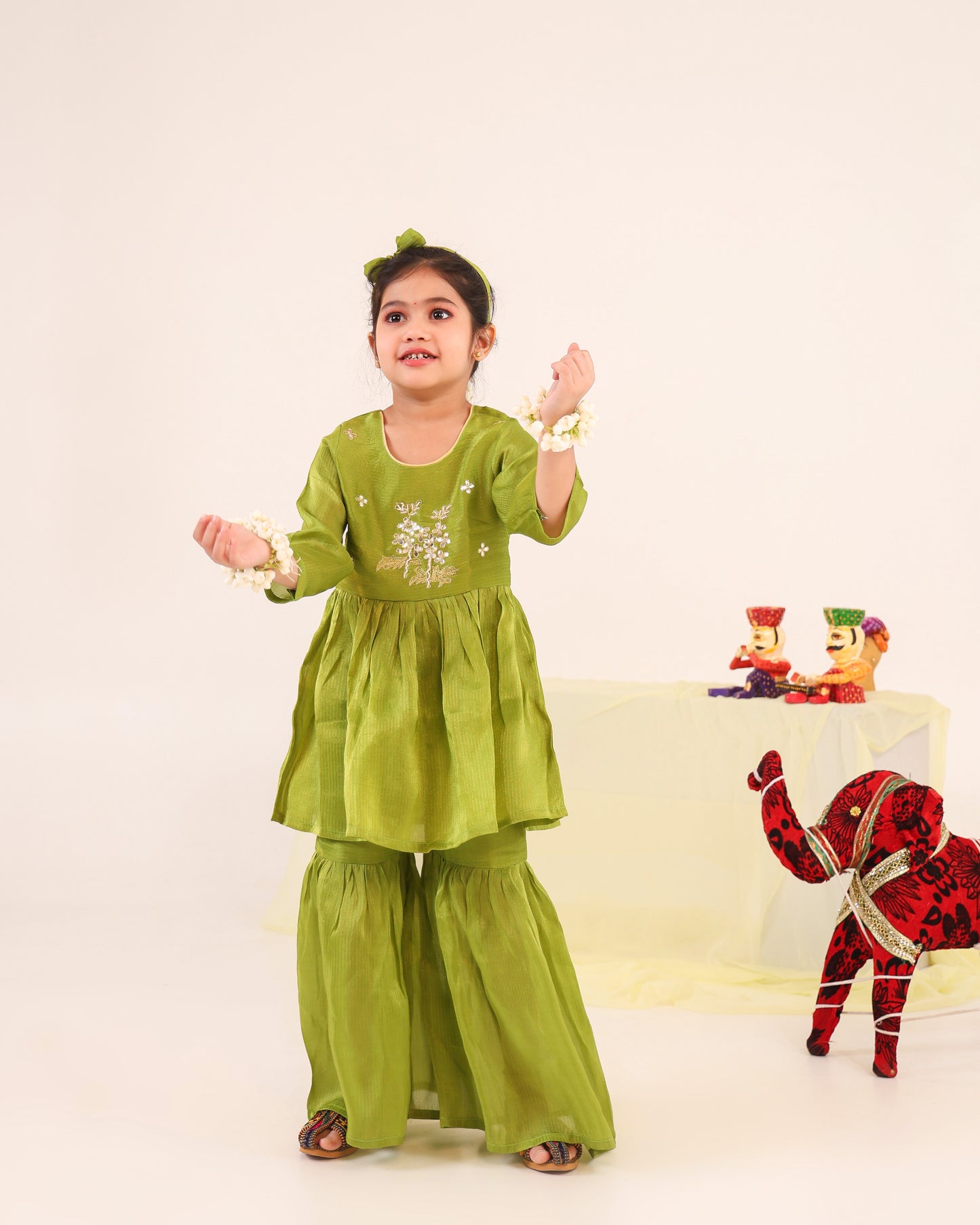 Girl Striped Zari Embroidered Sharara Set - Minty Green