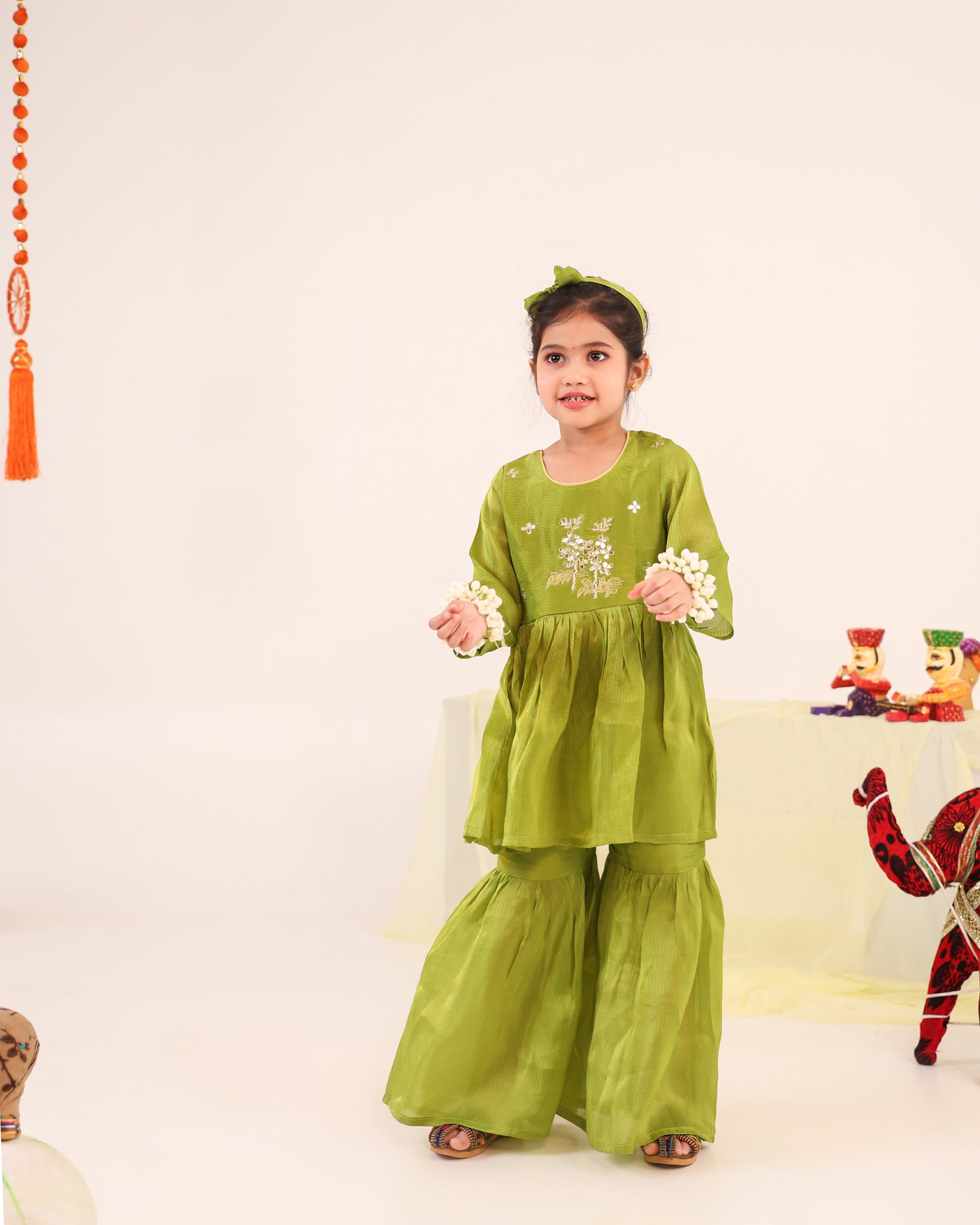 Girl Striped Zari Embroidered Sharara Set - Minty Green