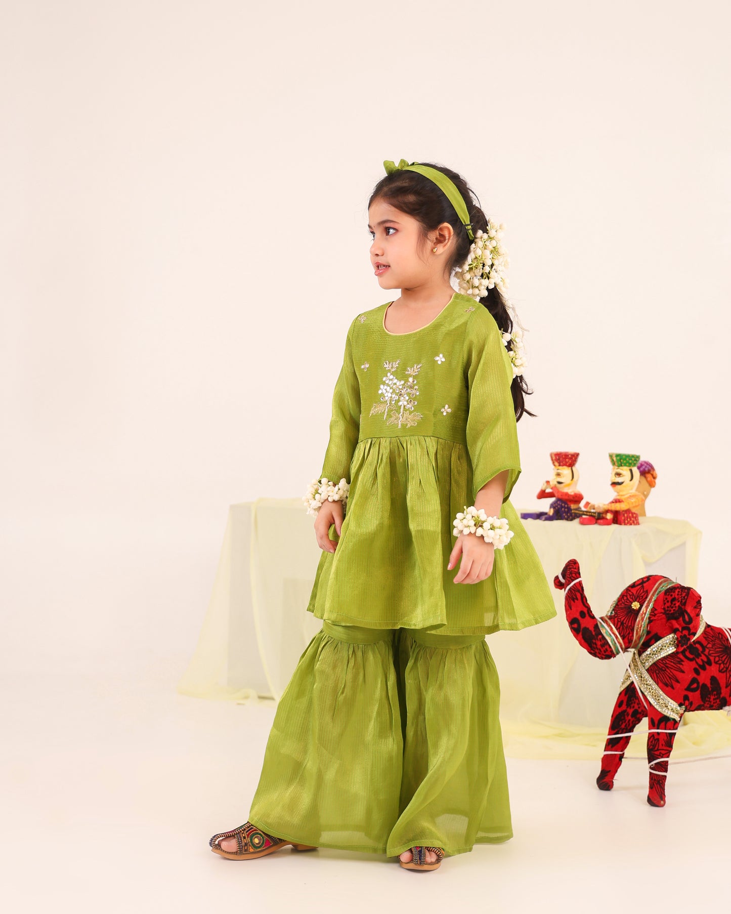 Girl Striped Zari Embroidered Sharara Set - Minty Green