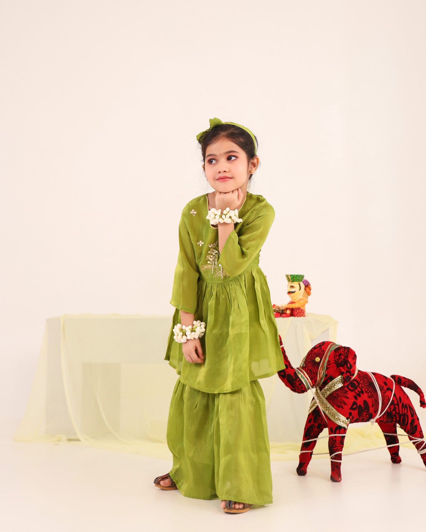 Girl Striped Zari Embroidered Sharara Set - Minty Green