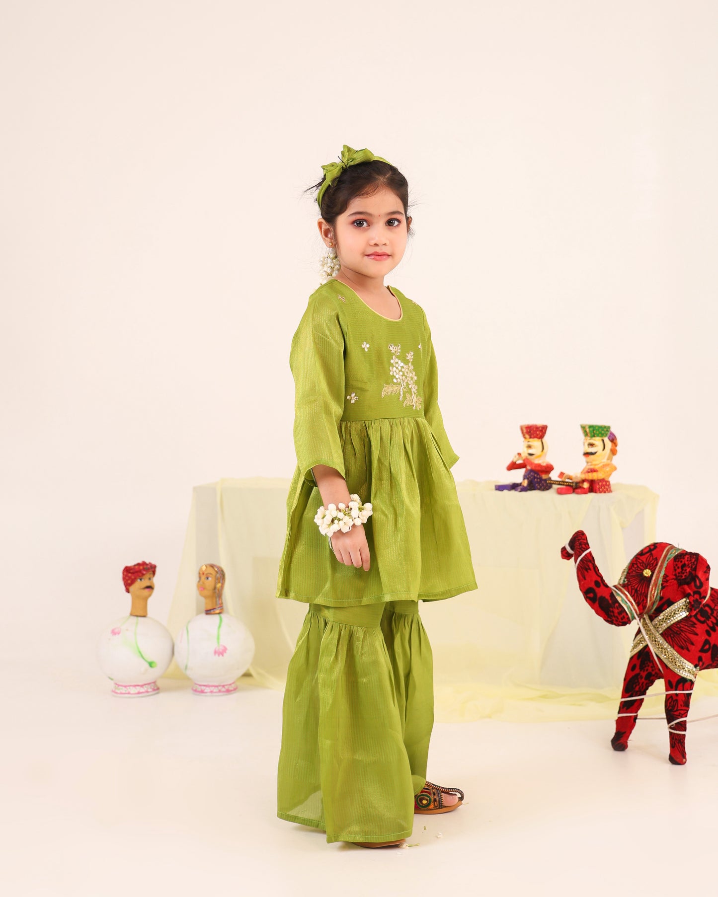 Girl Striped Zari Embroidered Sharara Set - Minty Green