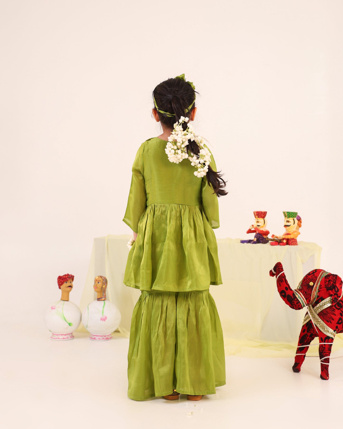 Girl Striped Zari Embroidered Sharara Set - Minty Green