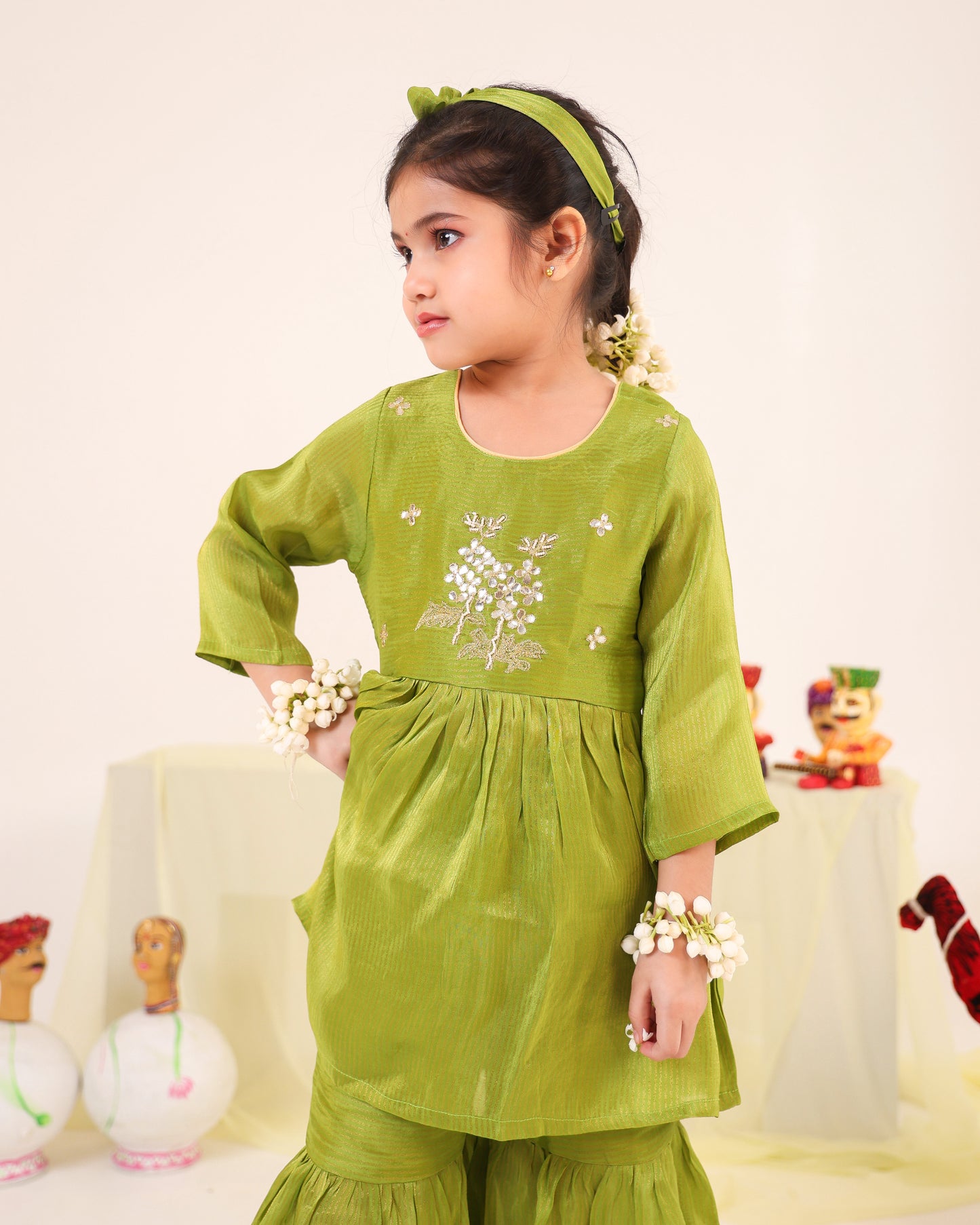 Girl Striped Zari Embroidered Sharara Set - Minty Green