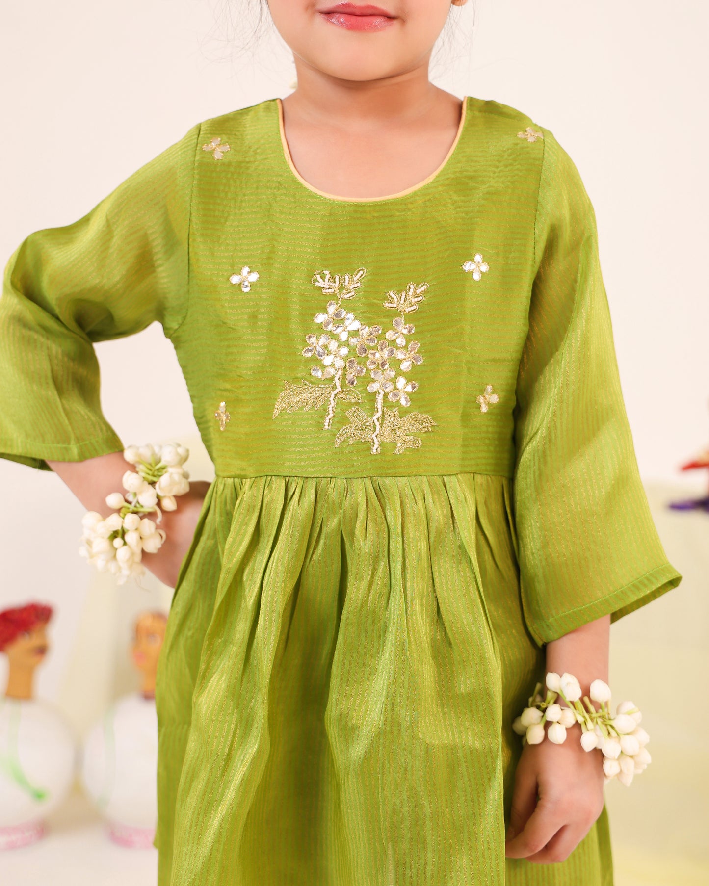 Girl Striped Zari Embroidered Sharara Set - Minty Green