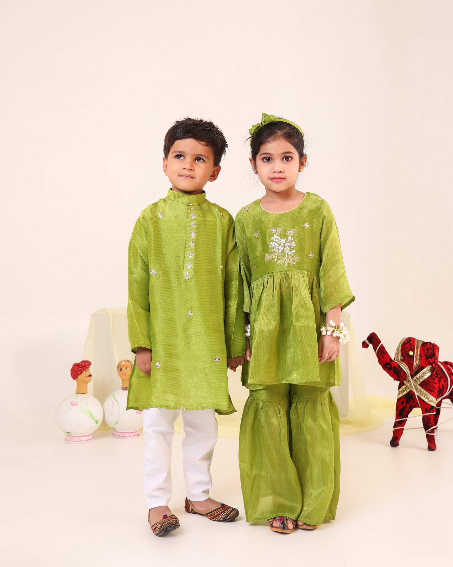 Girl Striped Zari Embroidered Sharara Set - Minty Green