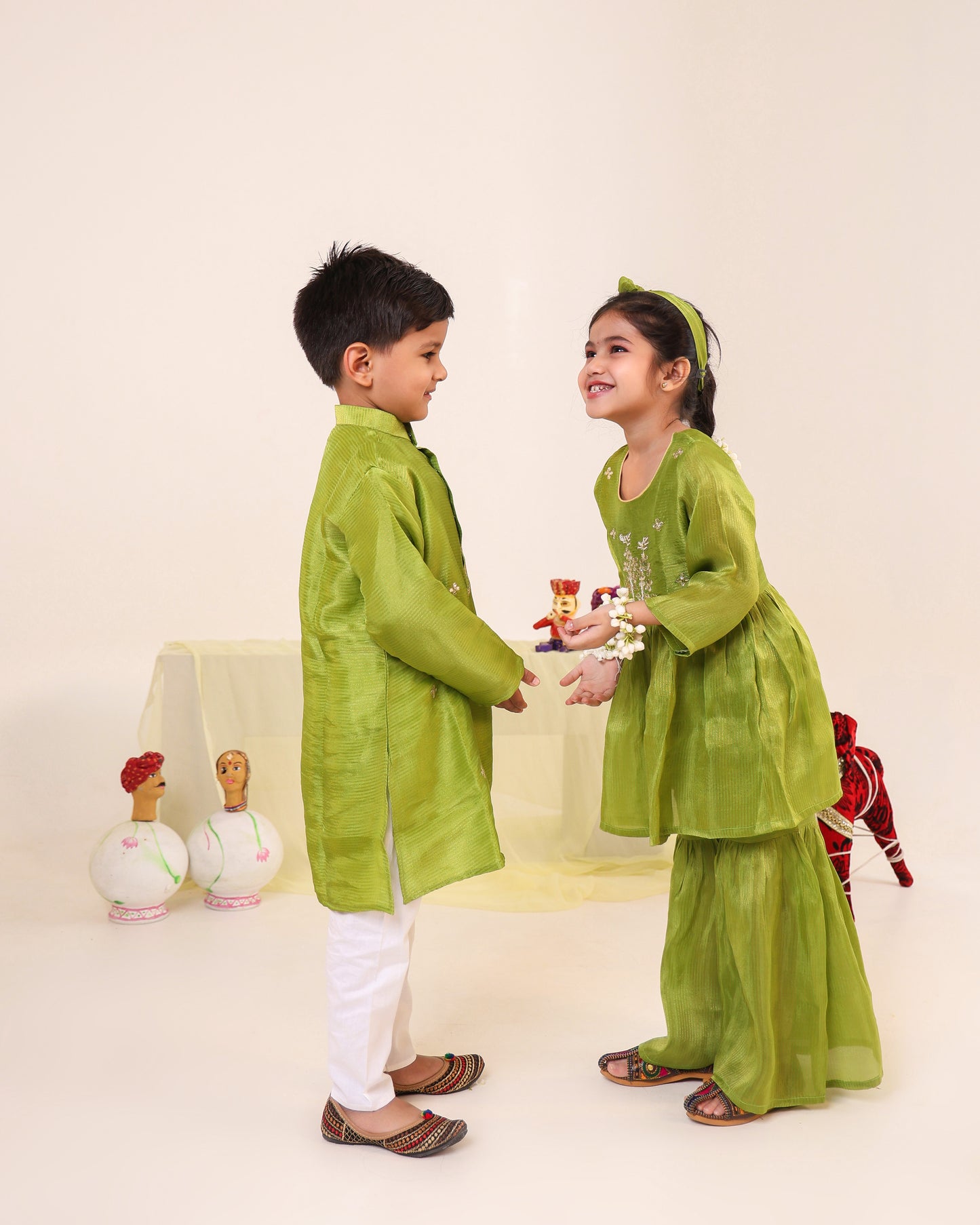 Girl Striped Zari Embroidered Sharara Set - Minty Green