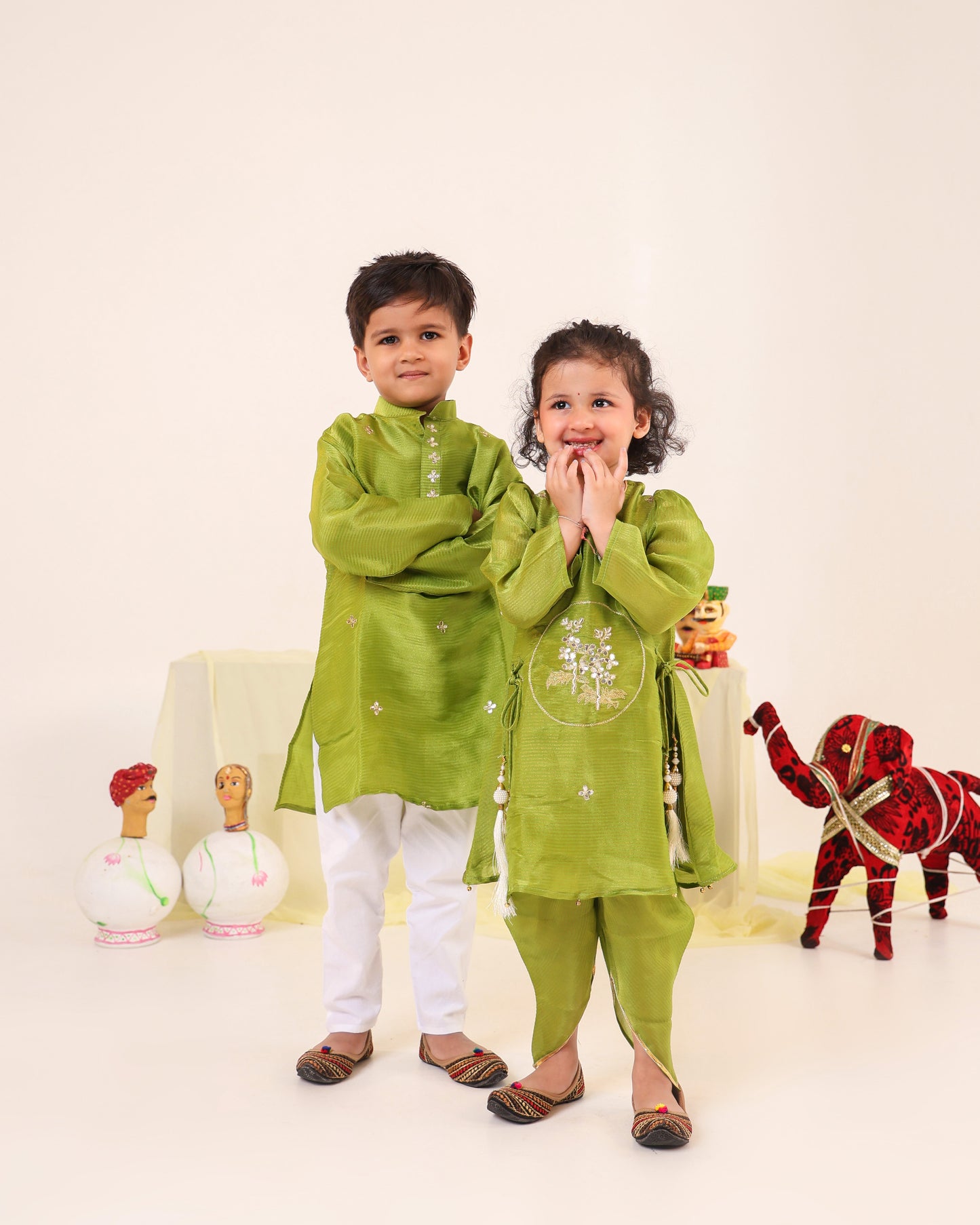 Girl Striped Fancy Zari Embroidered Top with Cowl Dhoti Pants- Minty Green