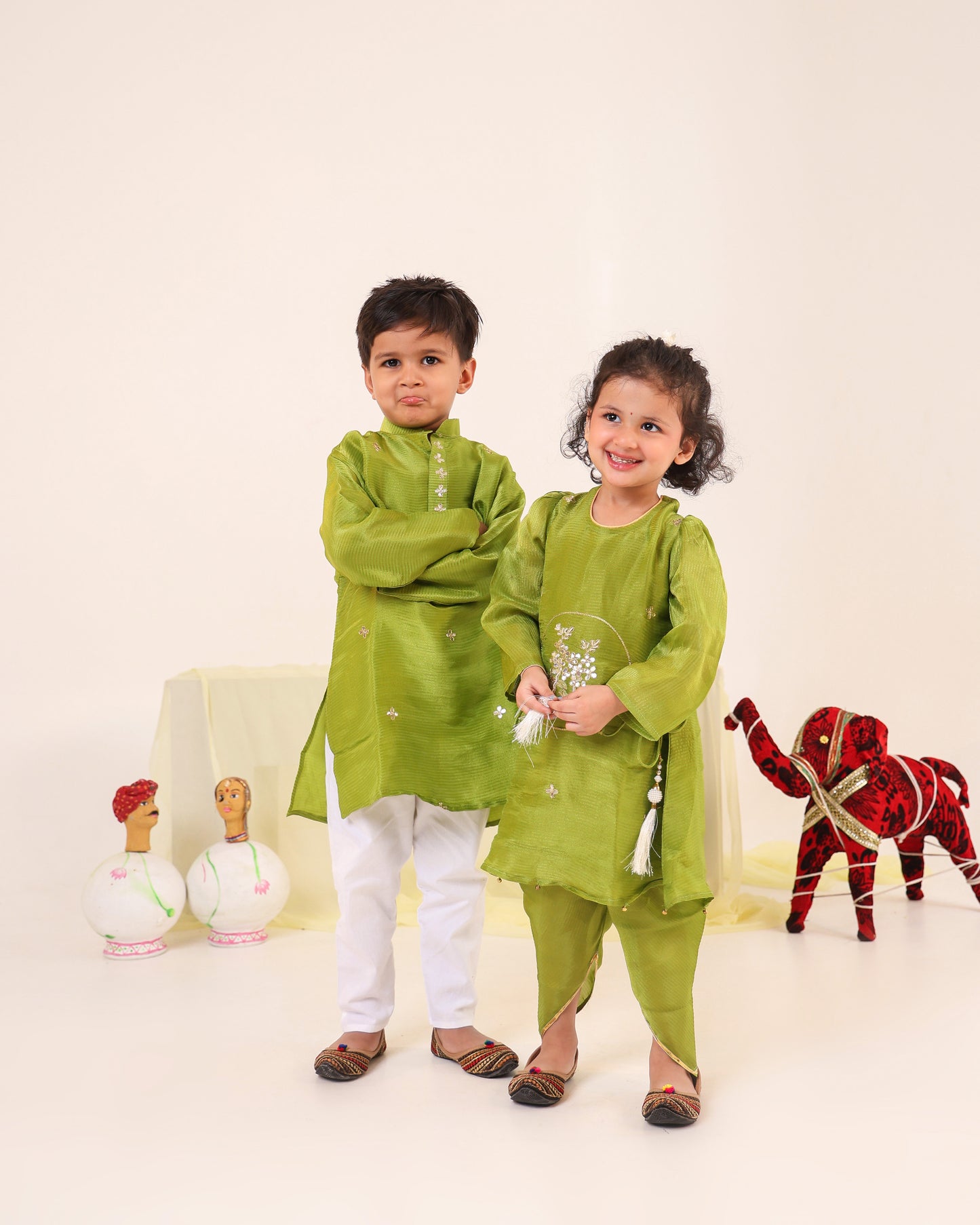 Girl Striped Fancy Zari Embroidered Top with Cowl Dhoti Pants- Minty Green