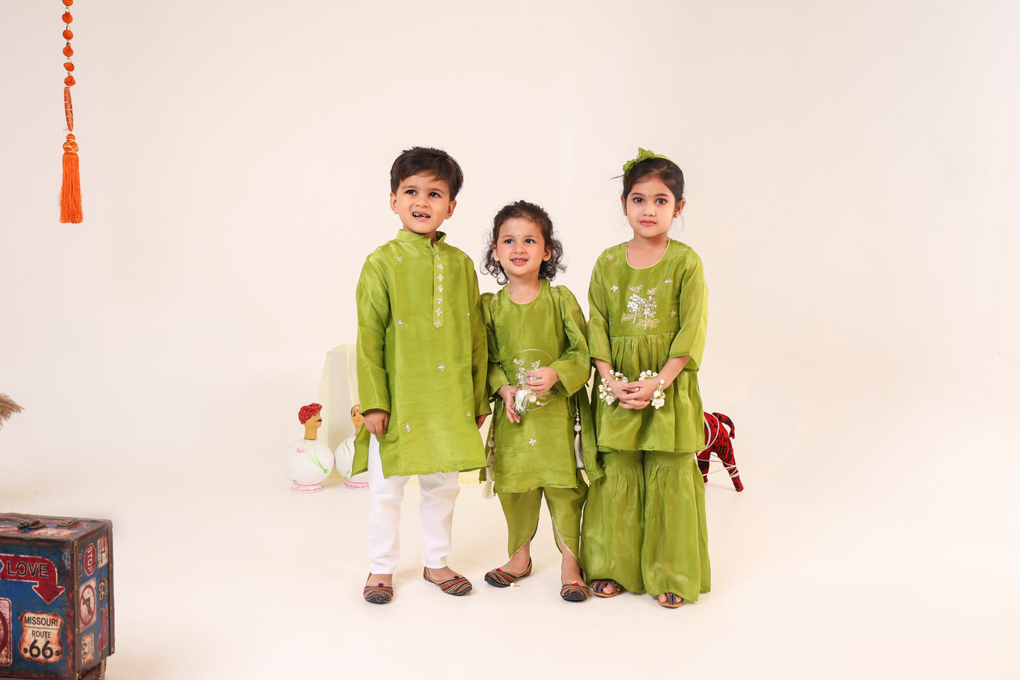 Girl Striped Fancy Zari Embroidered Top with Cowl Dhoti Pants- Minty Green