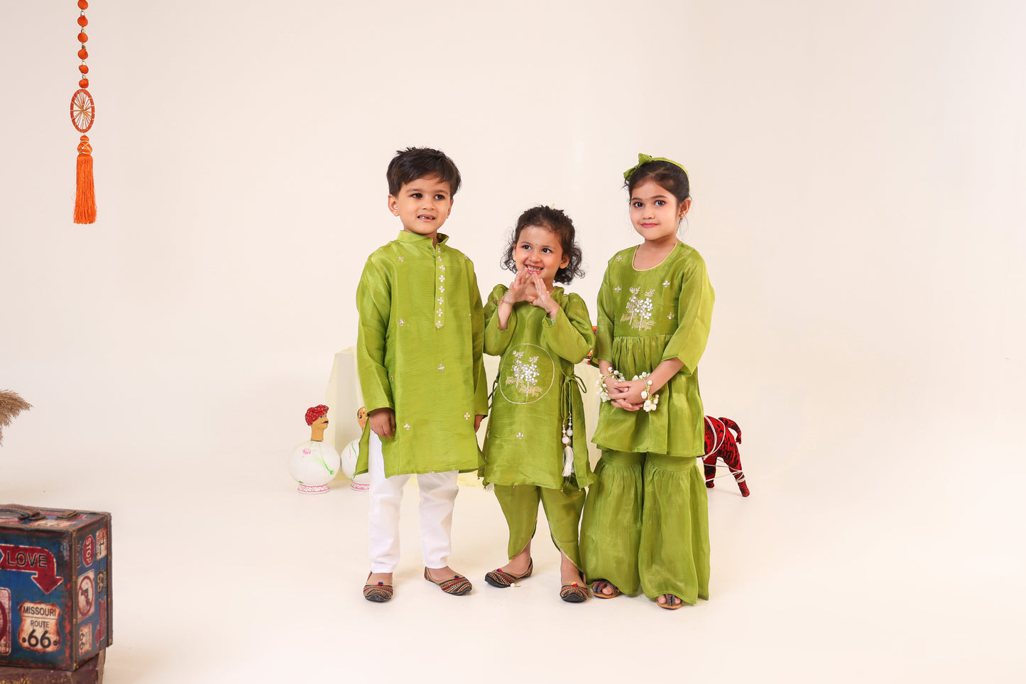Girl Striped Fancy Zari Embroidered Top with Cowl Dhoti Pants- Minty Green