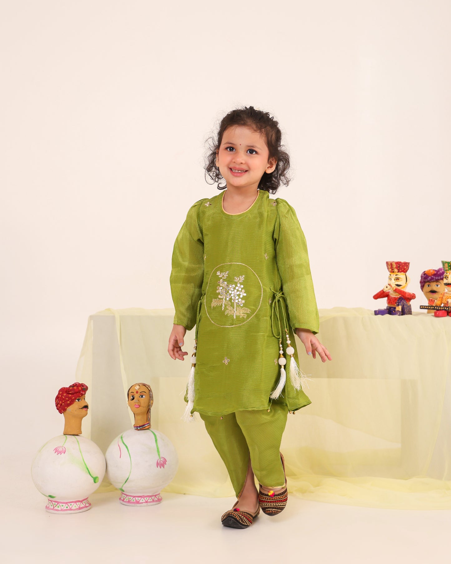 Girl Striped Fancy Zari Embroidered Top with Cowl Dhoti Pants- Minty Green