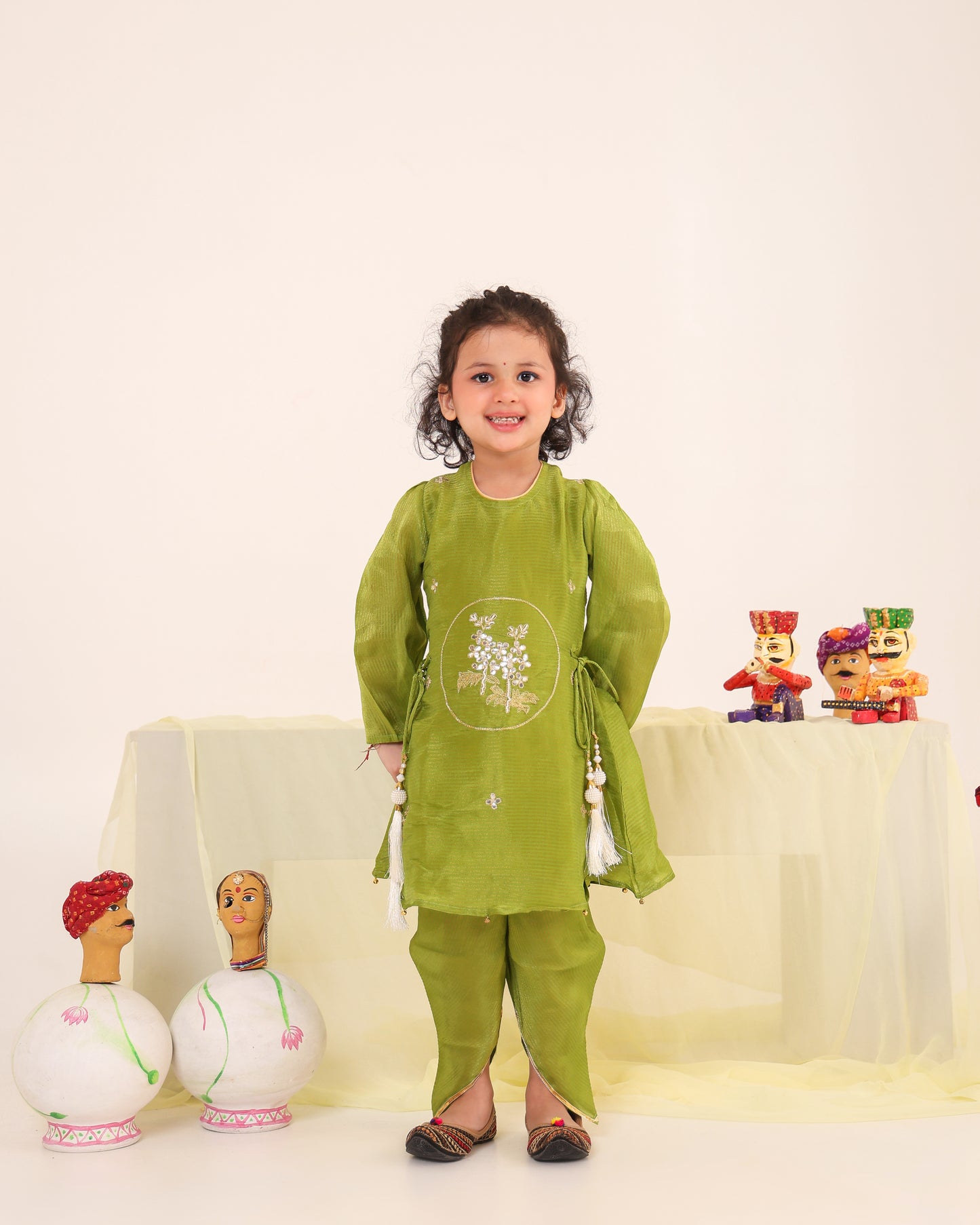Girl Striped Fancy Zari Embroidered Top with Cowl Dhoti Pants- Minty Green