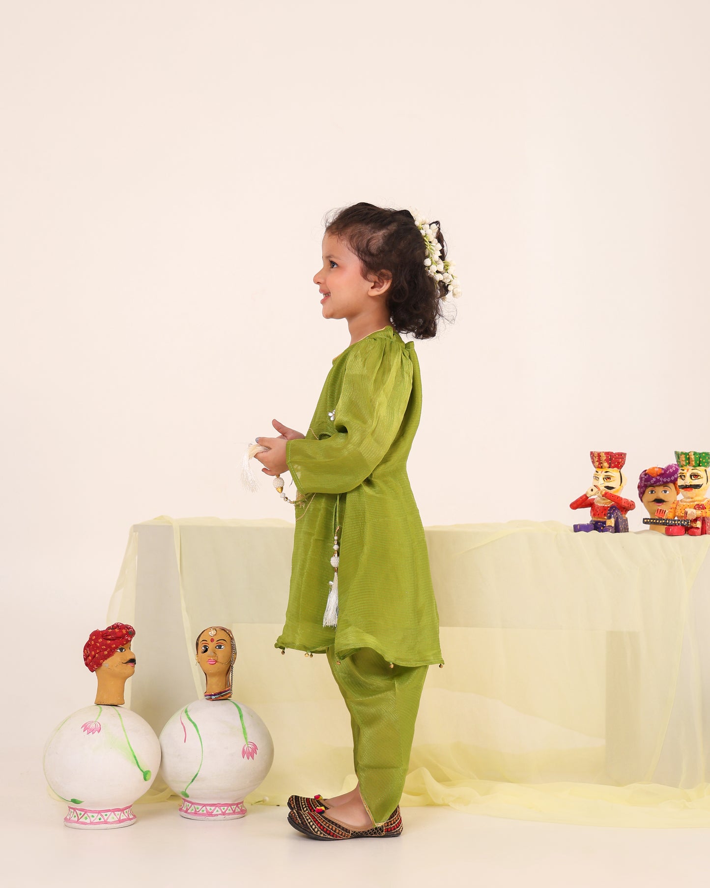 Girl Striped Fancy Zari Embroidered Top with Cowl Dhoti Pants- Minty Green