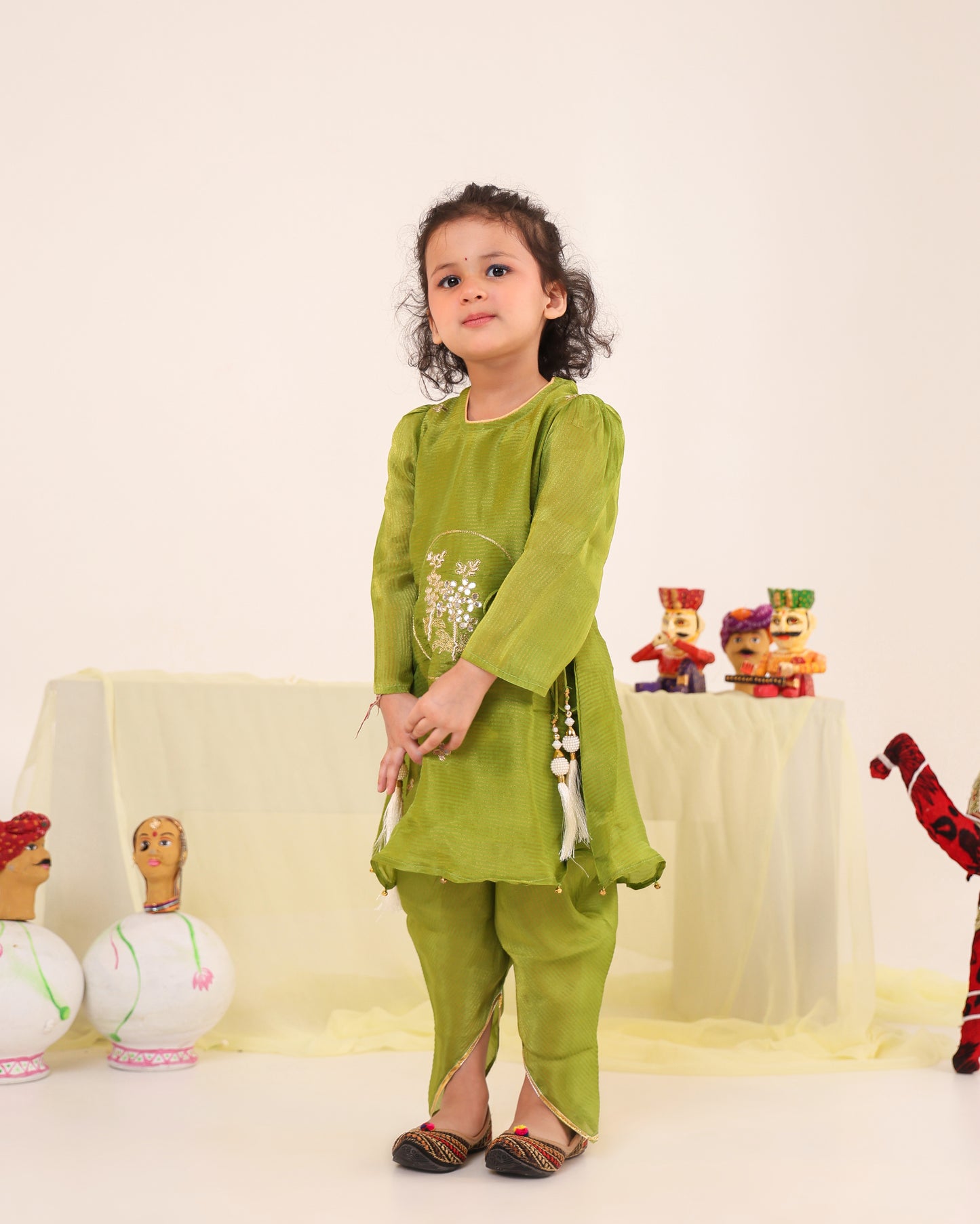 Girl Striped Fancy Zari Embroidered Top with Cowl Dhoti Pants- Minty Green