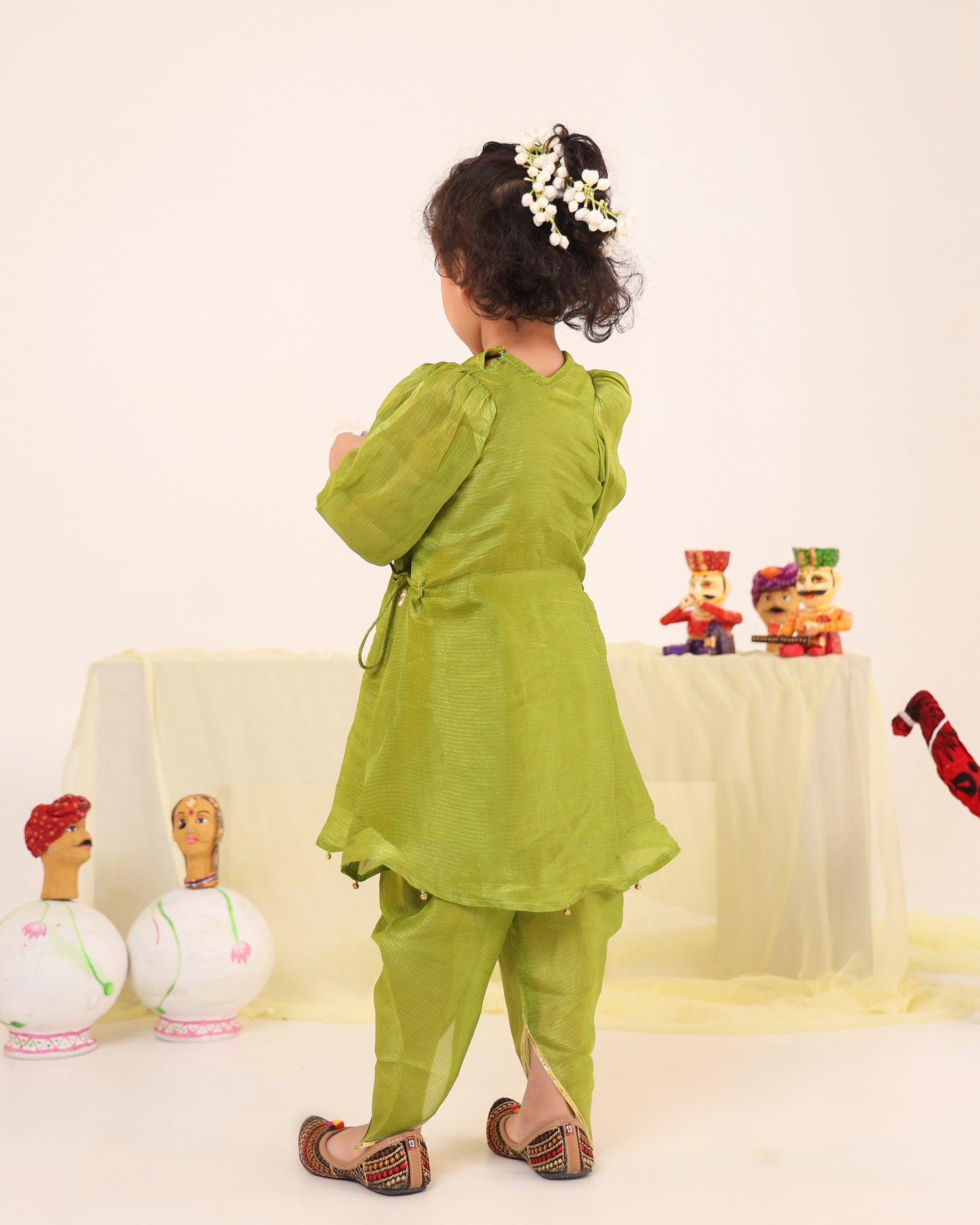 Girl Striped Fancy Zari Embroidered Top with Cowl Dhoti Pants- Minty Green