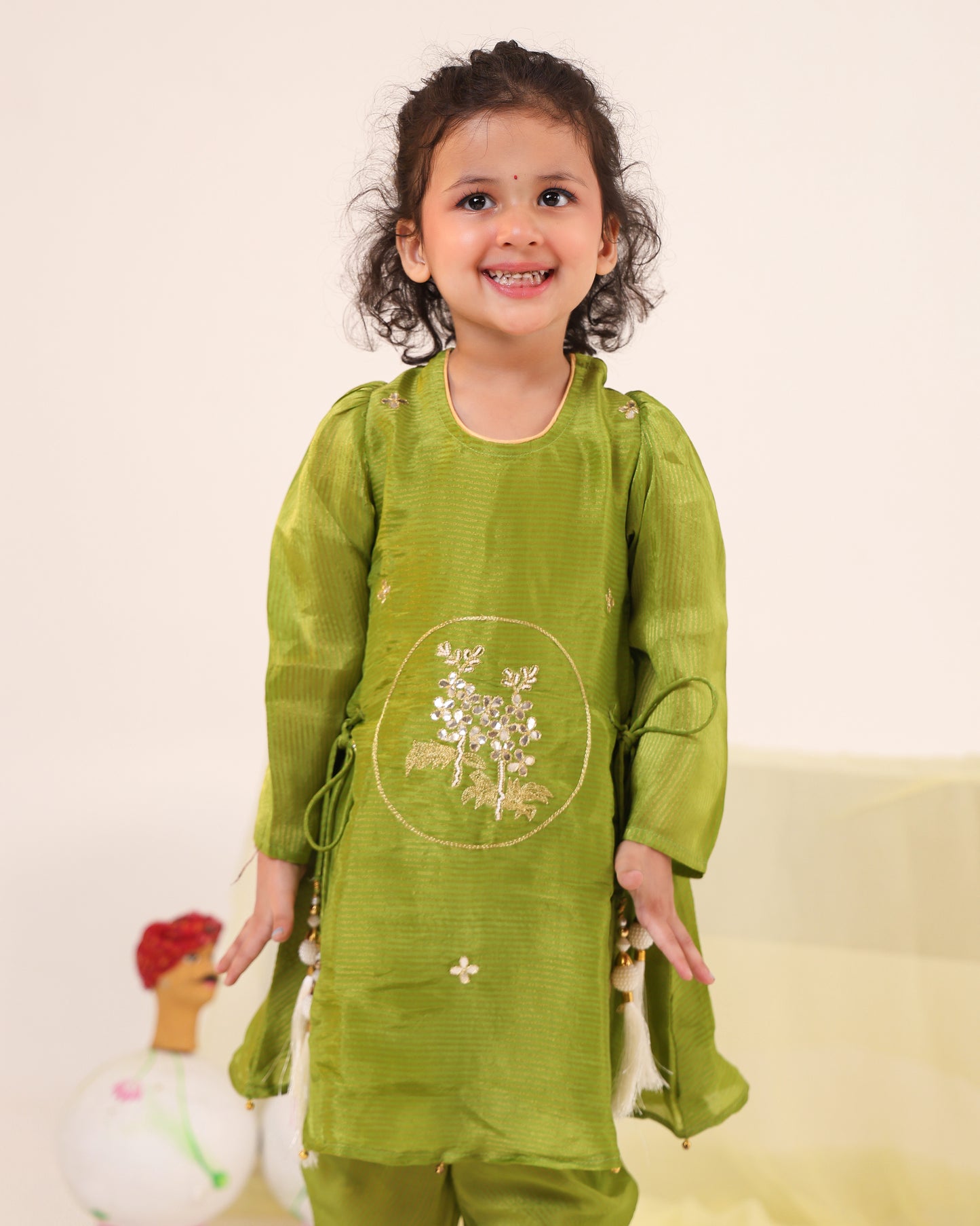 Girl Striped Fancy Zari Embroidered Top with Cowl Dhoti Pants- Minty Green