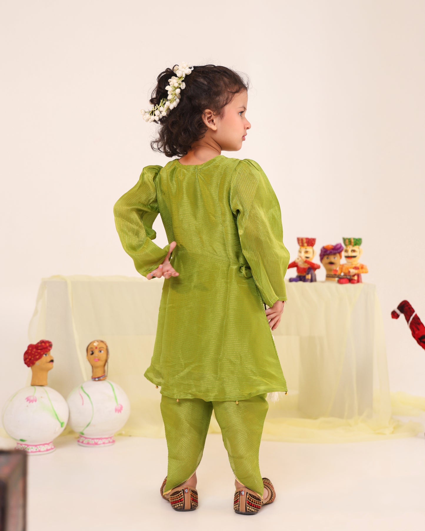 Girl Striped Fancy Zari Embroidered Top with Cowl Dhoti Pants- Minty Green