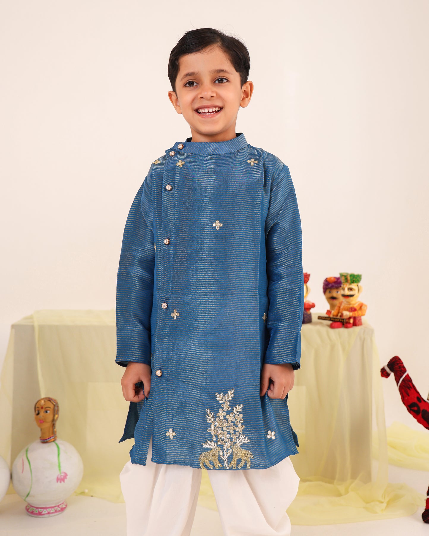 Boy Stripe Zari Embroidered Kurta Set - Teal Blue