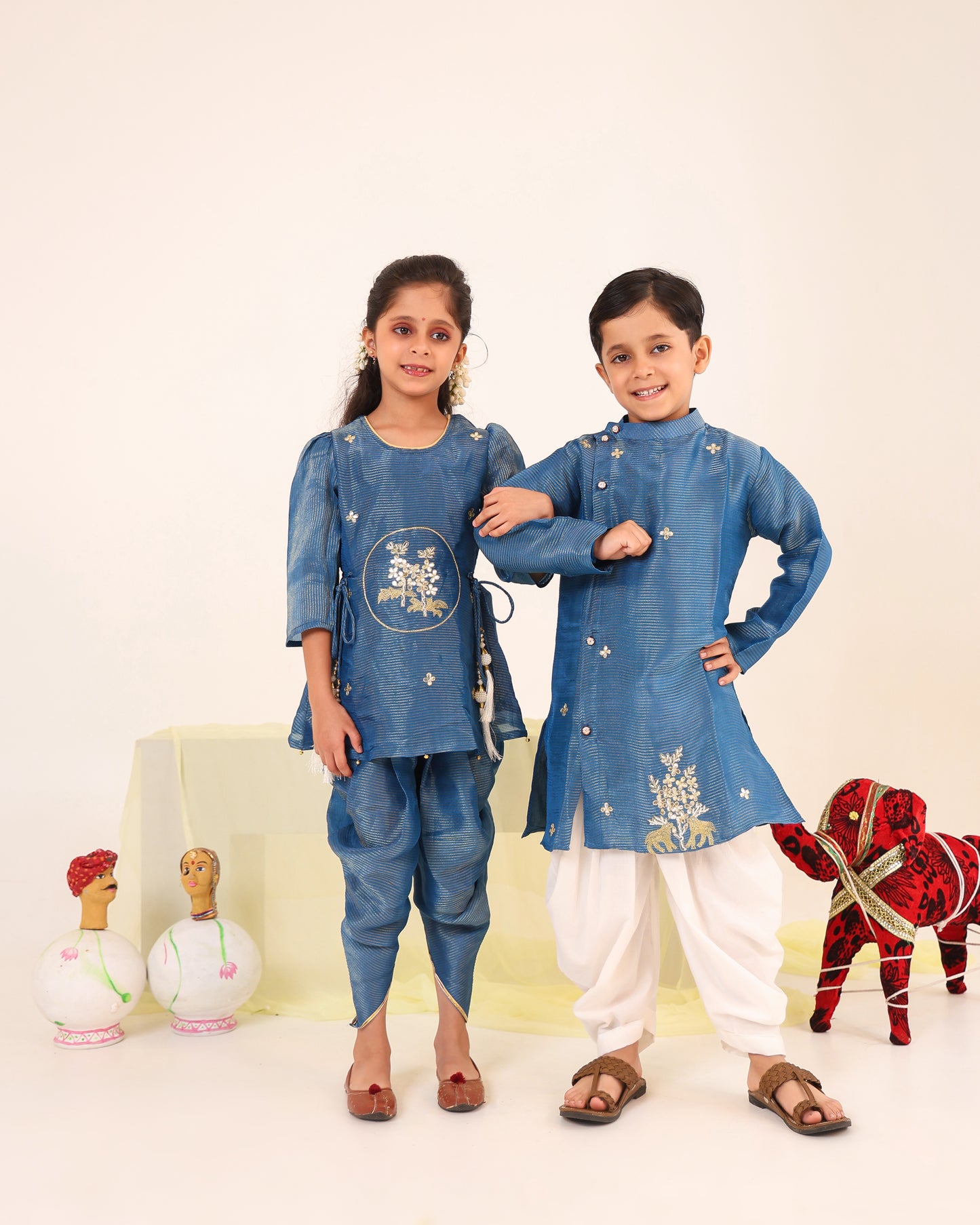 Girl Striped Fancy Zari Embroidered Top with Cowl Dhoti Pants- Teal Blue