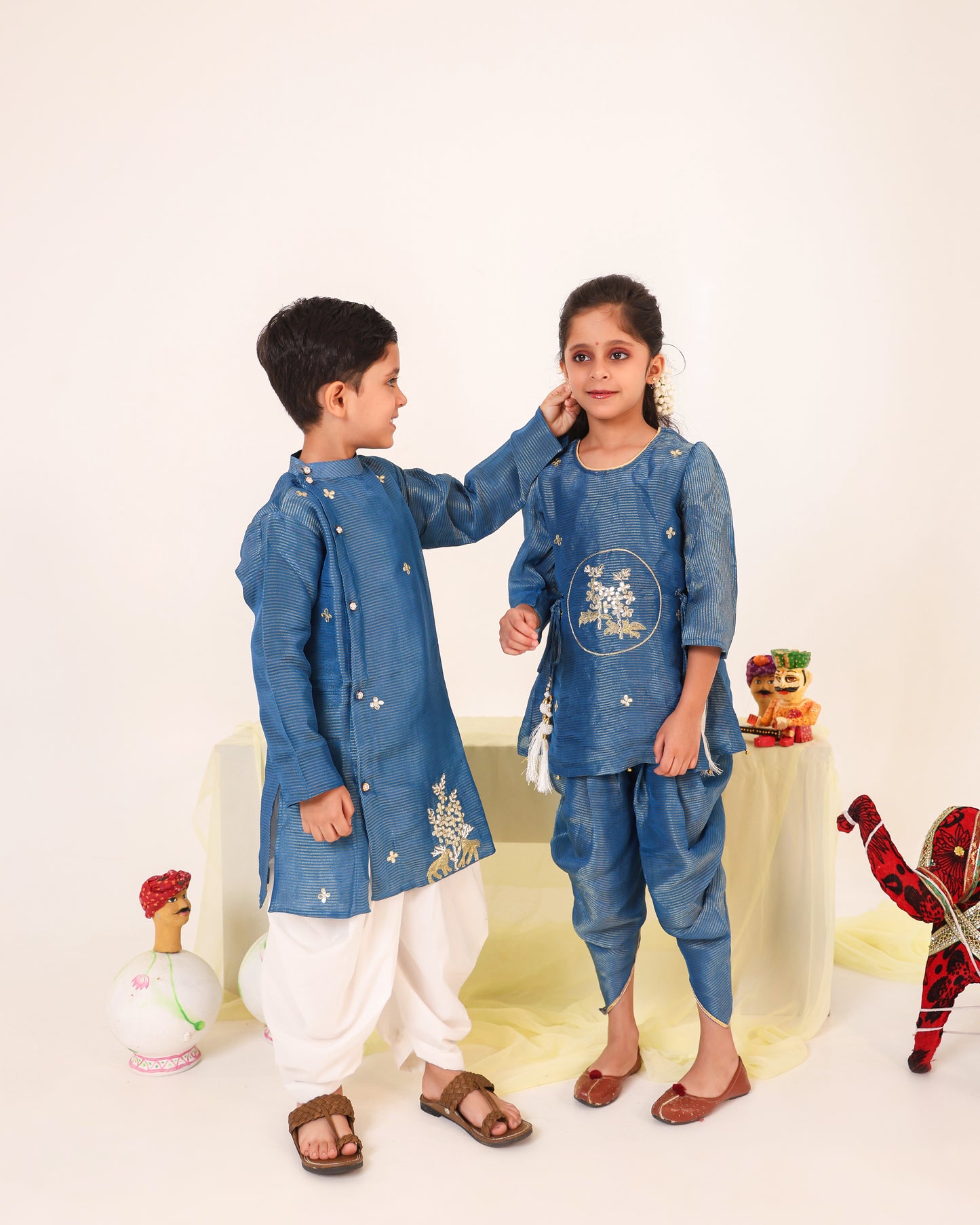Girl Striped Fancy Zari Embroidered Top with Cowl Dhoti Pants- Teal Blue