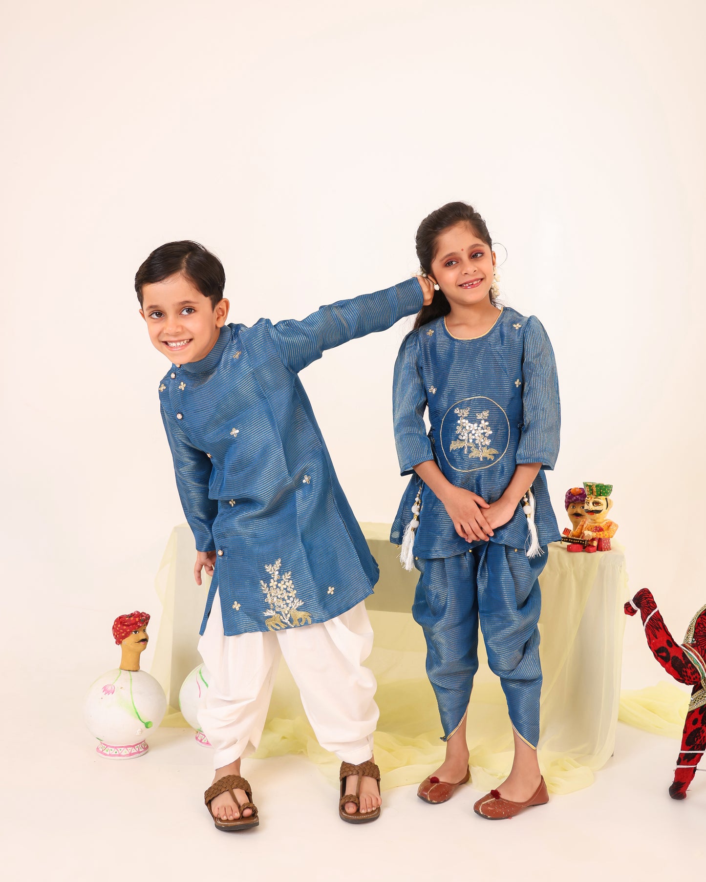 Girl Striped Fancy Zari Embroidered Top with Cowl Dhoti Pants- Teal Blue