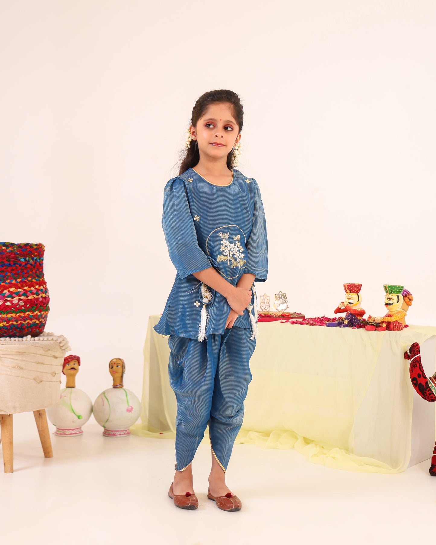 Girl Striped Fancy Zari Embroidered Top with Cowl Dhoti Pants- Teal Blue