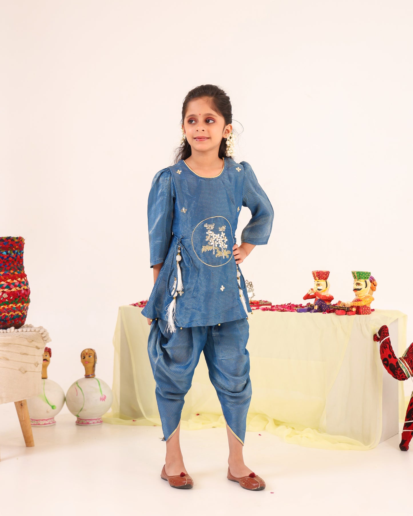 Girl Striped Fancy Zari Embroidered Top with Cowl Dhoti Pants- Teal Blue