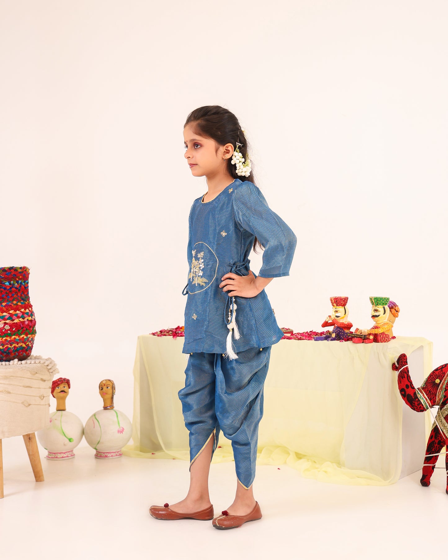 Girl Striped Fancy Zari Embroidered Top with Cowl Dhoti Pants- Teal Blue