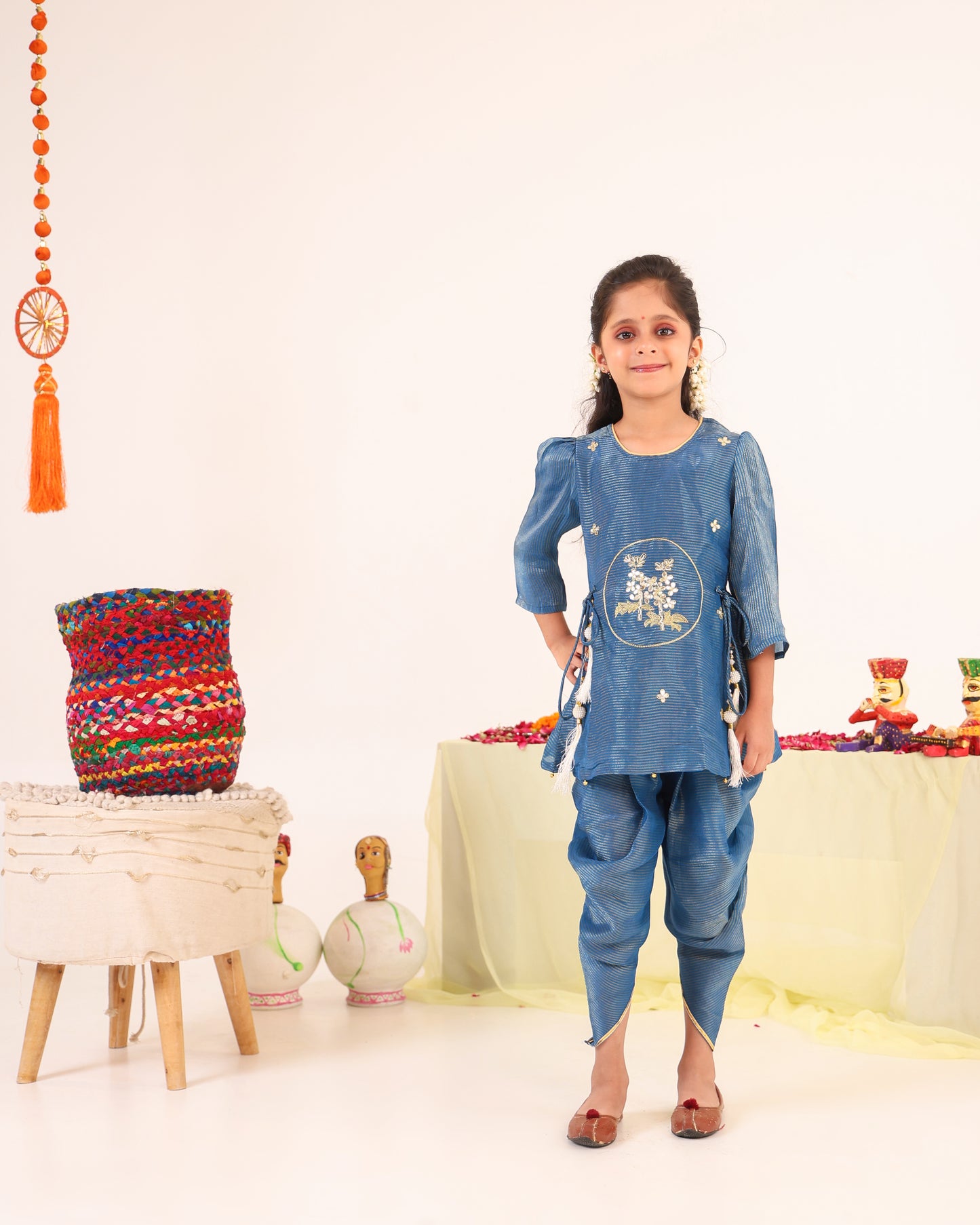 Girl Striped Fancy Zari Embroidered Top with Cowl Dhoti Pants- Teal Blue