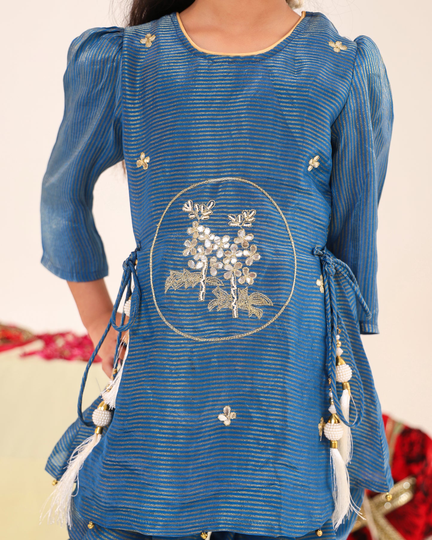 Girl Striped Fancy Zari Embroidered Top with Cowl Dhoti Pants- Teal Blue