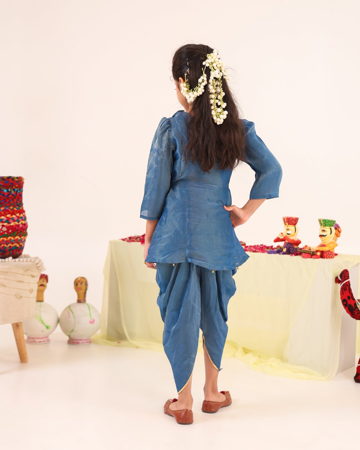 Girl Striped Fancy Zari Embroidered Top with Cowl Dhoti Pants- Teal Blue