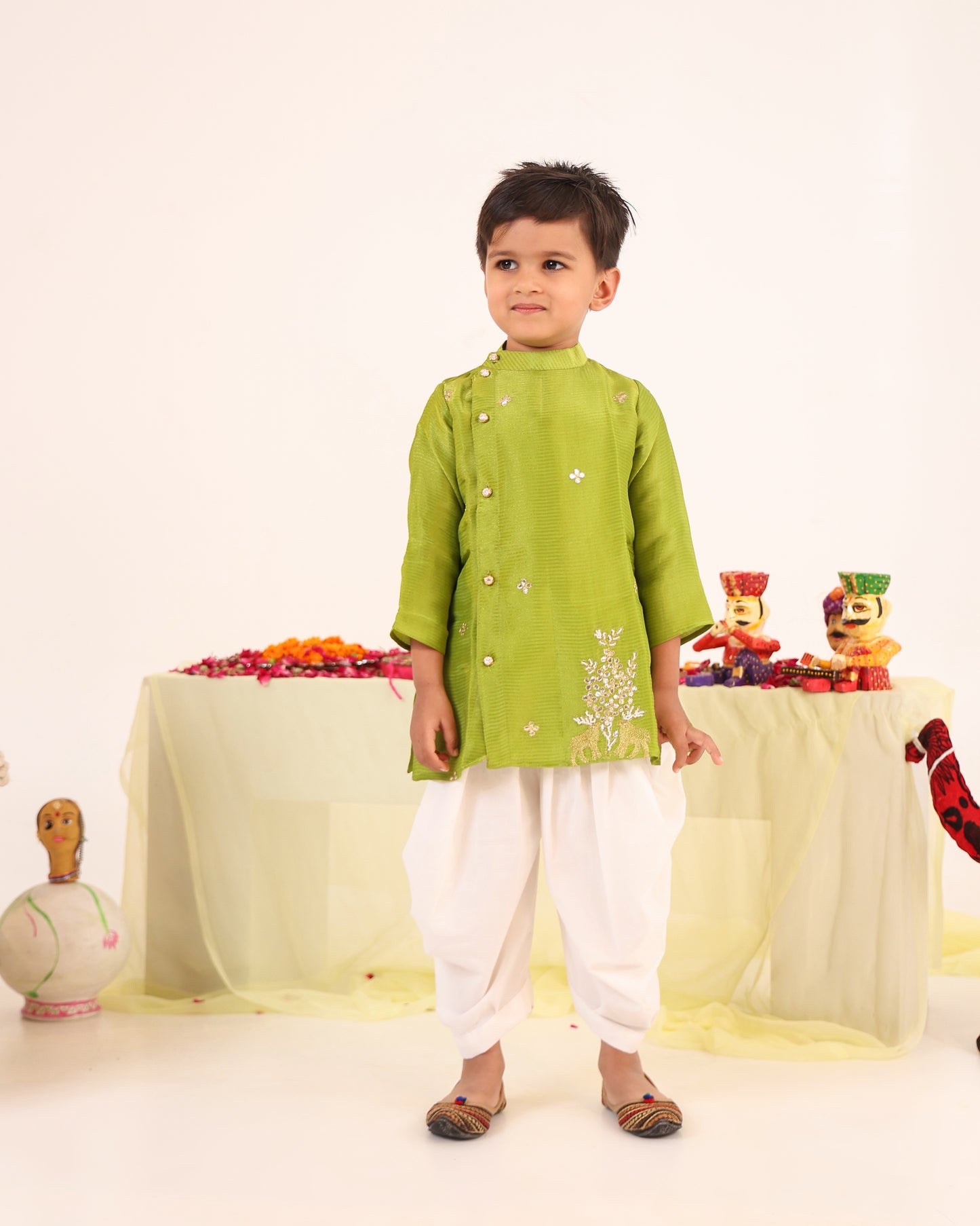 Boy Stripe Zari Embroidered Kurta Set - Minty Green