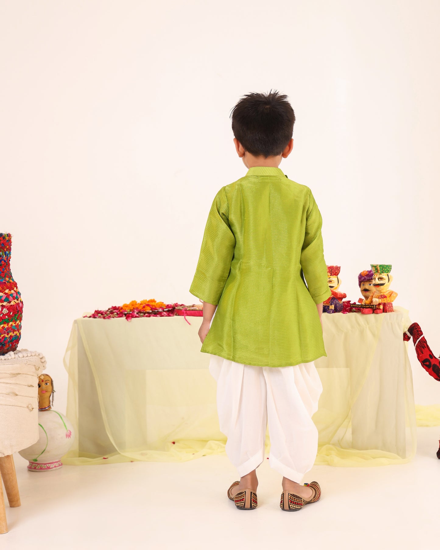 Boy Stripe Zari Embroidered Kurta Set - Minty Green